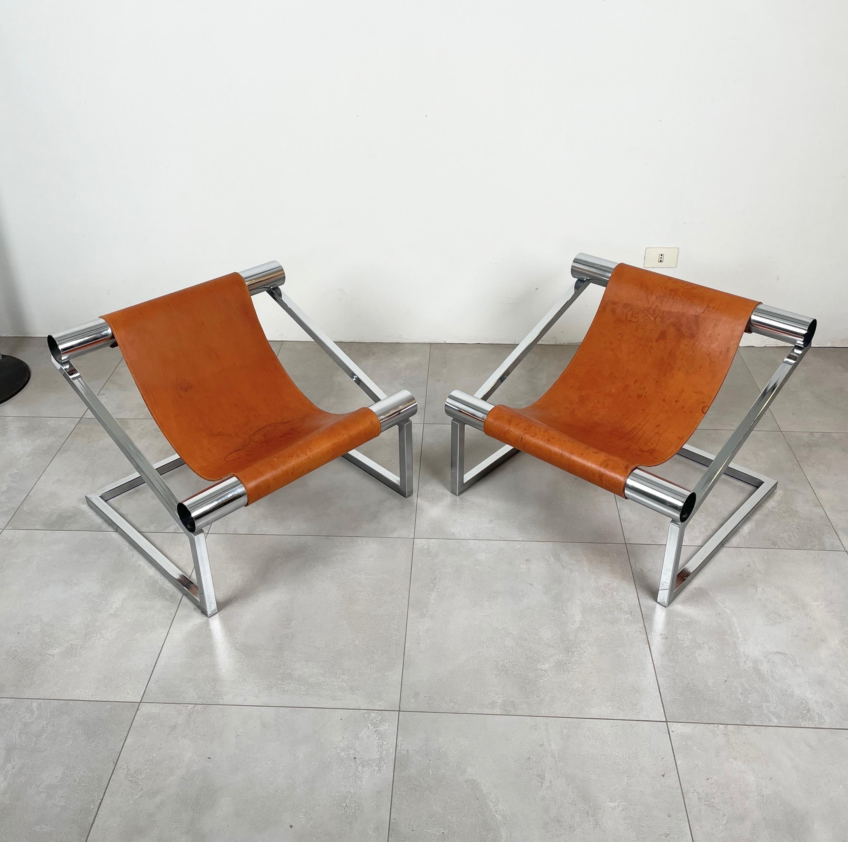 Mid-Century Modern Pair of Armchairs in Chrome and Leather, Italy 1970s For Sale 2