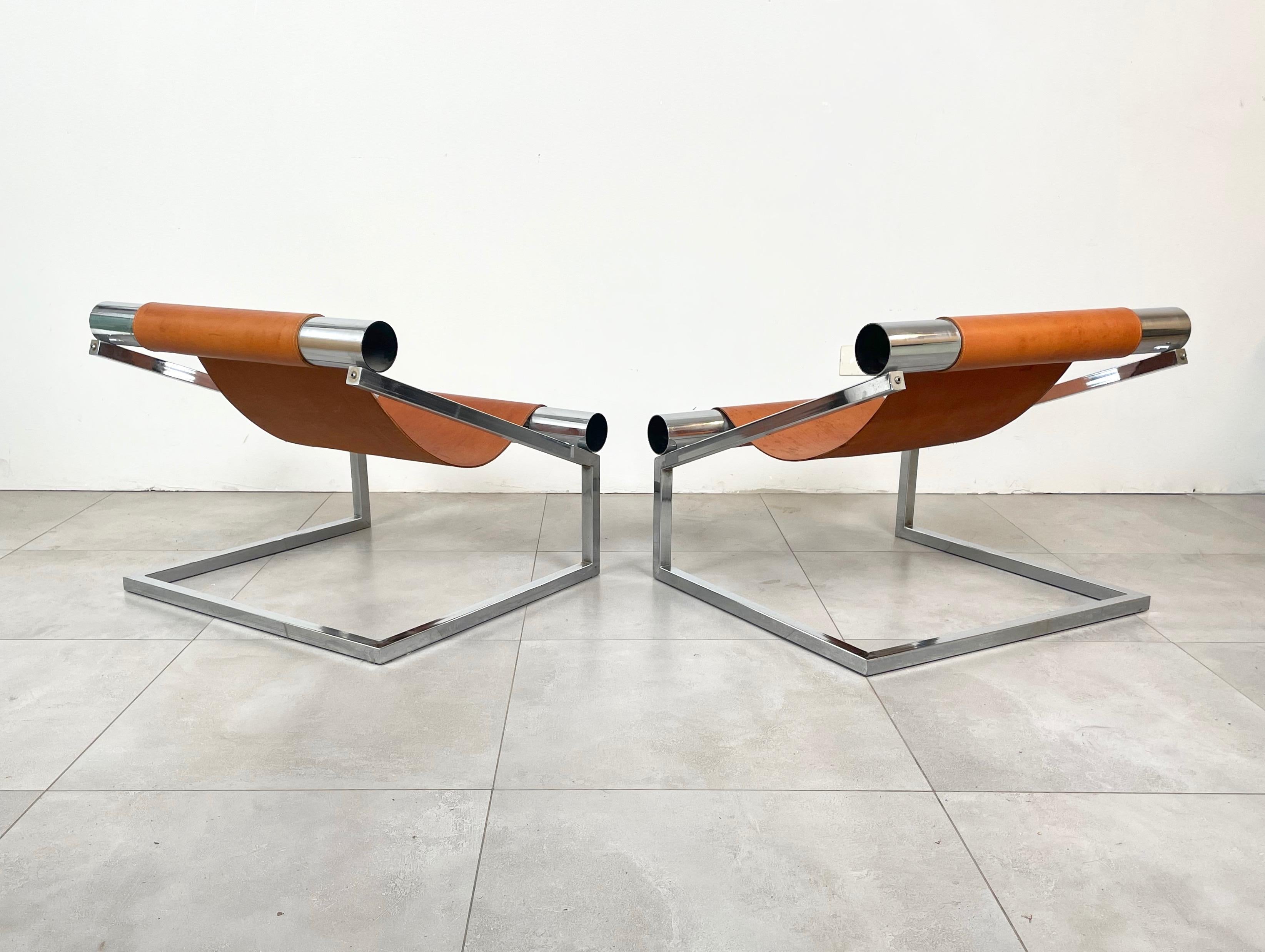 Paire de fauteuils modernes du milieu du siècle dernier en chrome et cuir, Italie, années 1970 en vente 2