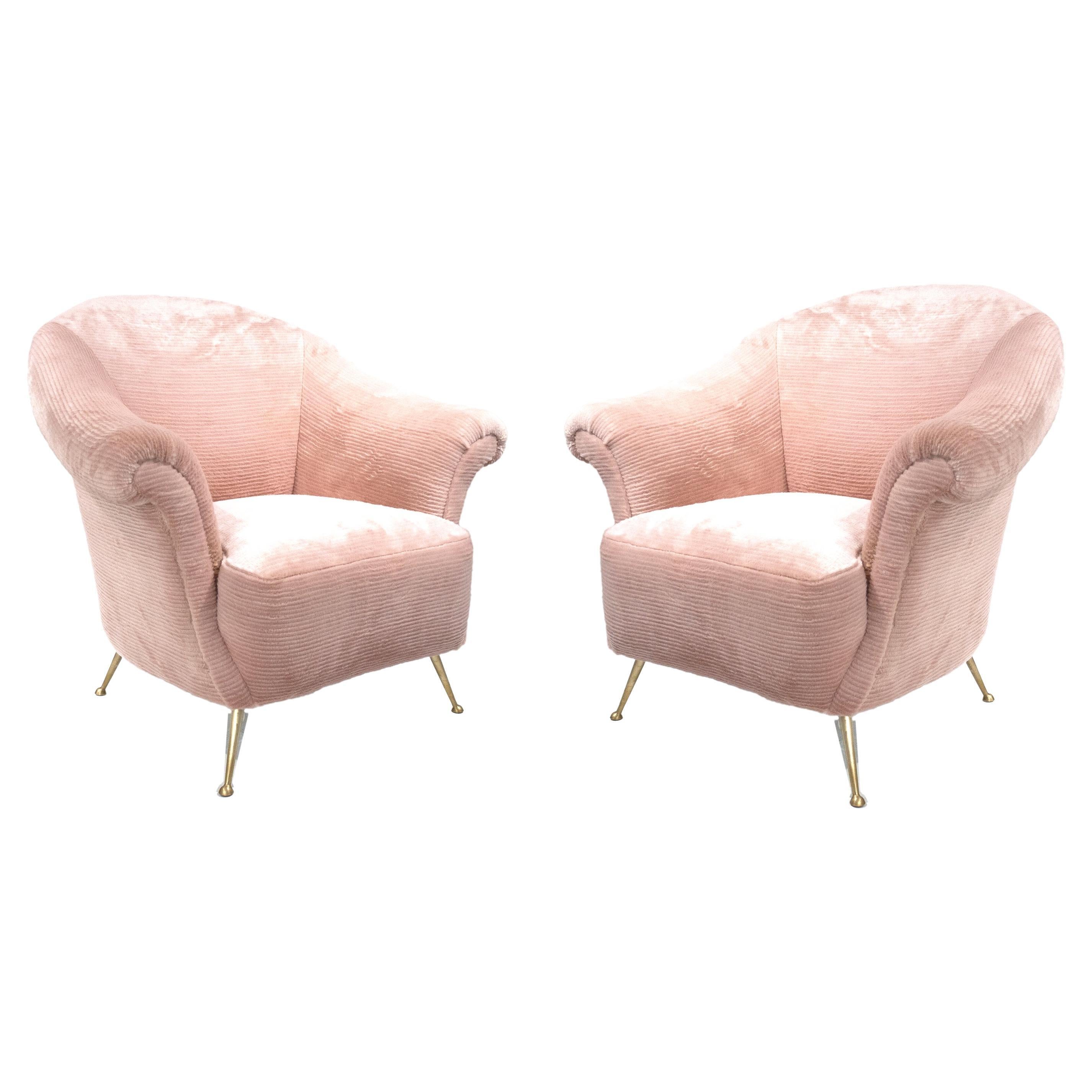 Mid-Century Modern Pair of Armchairs in Pink Trimed Faux Fur, Italy, 1950 For Sale
