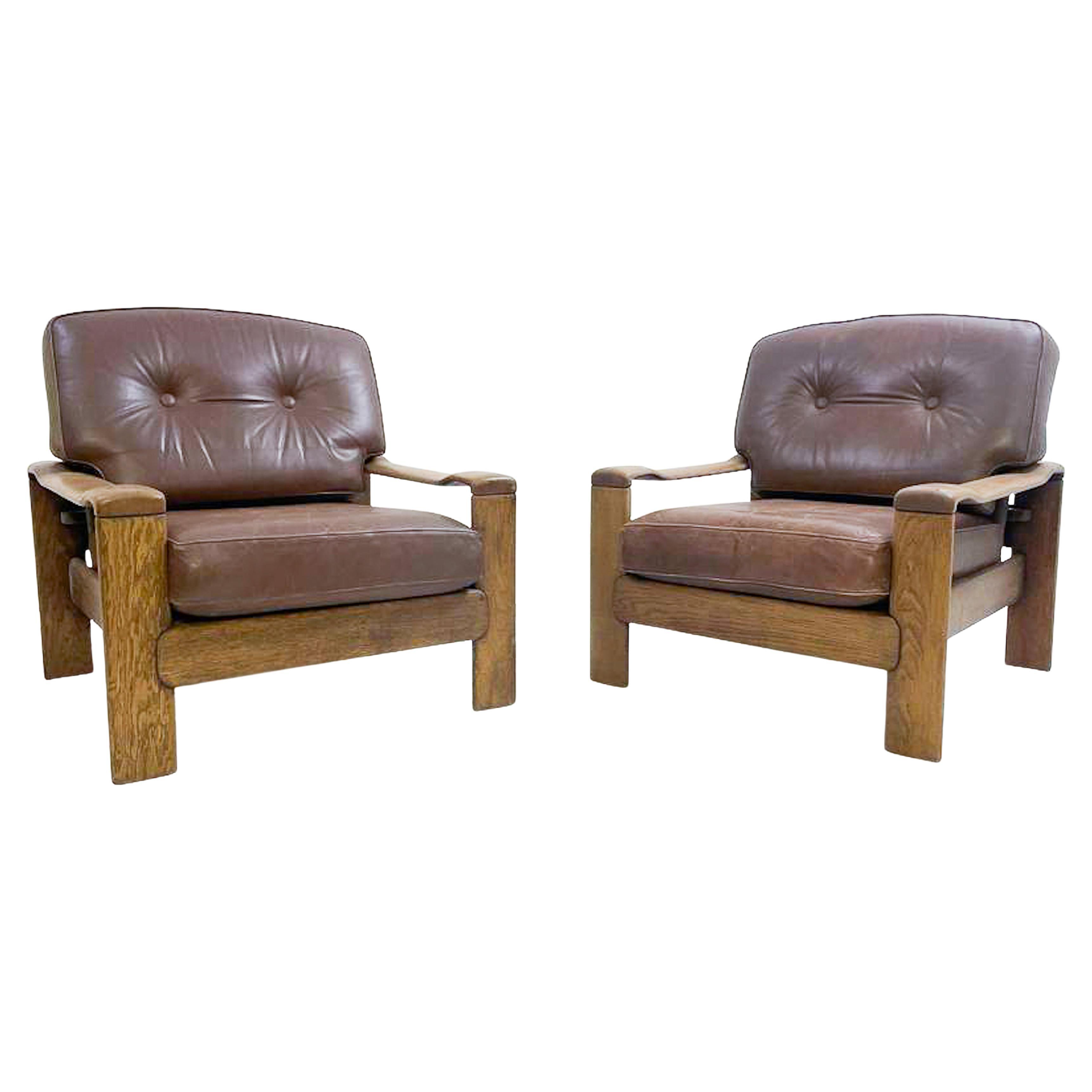 Mid-Century Modern Pair of Armchairs, Leather and Oak, 1960s For Sale