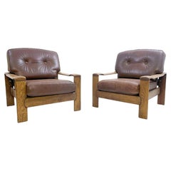 Mid-Century Modern Pair of Armchairs, Leather and Oak, 1960s