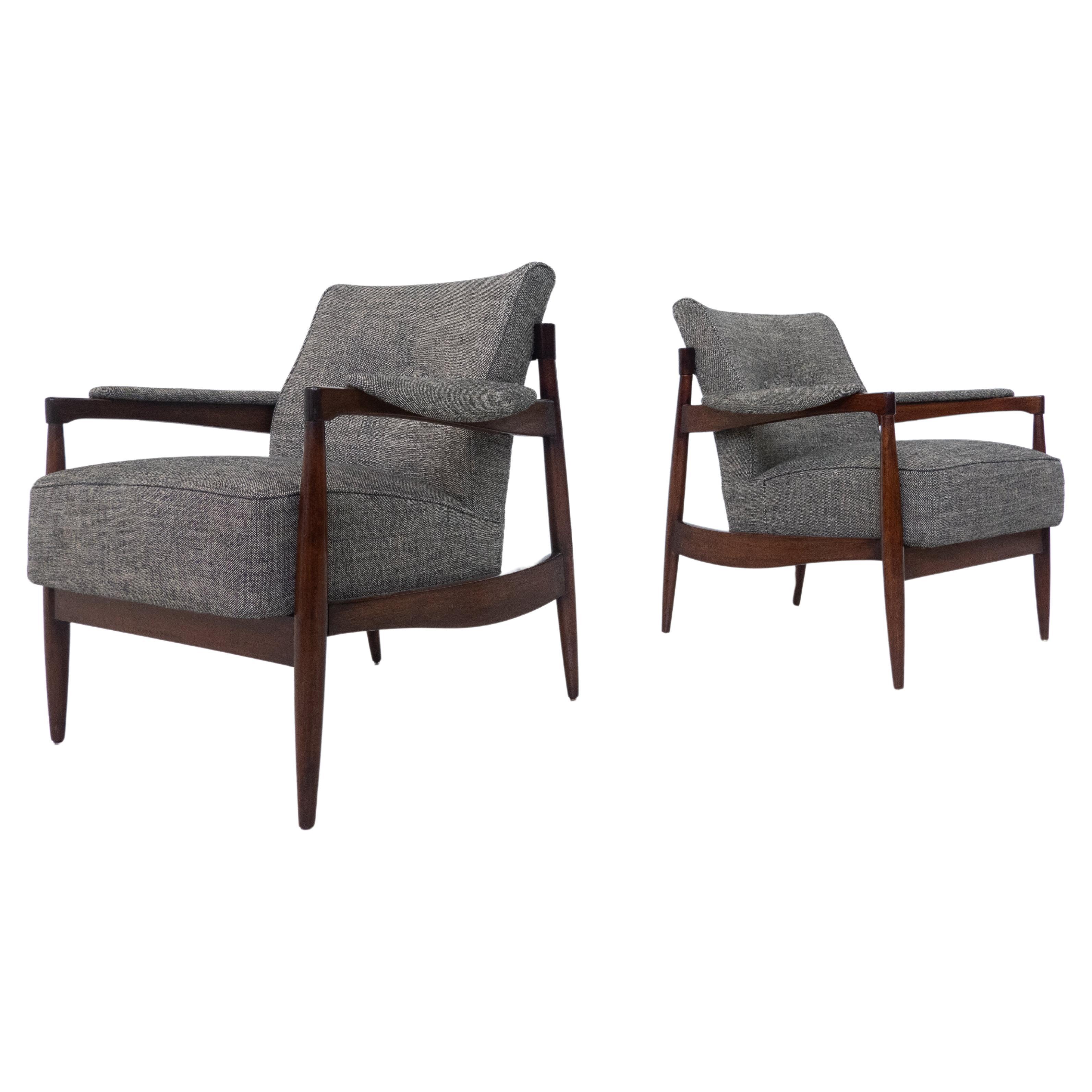 Mid-Century Modern Pair of Armchairs, Wood and Grey Fabric, Italy, 1960s  For Sale