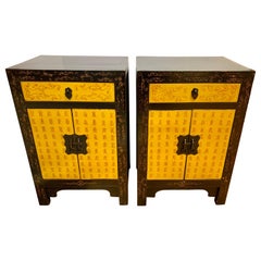 Vintage Mid-Century Modern Pair of Asian Tansu Matching Hand Painted Cabinets