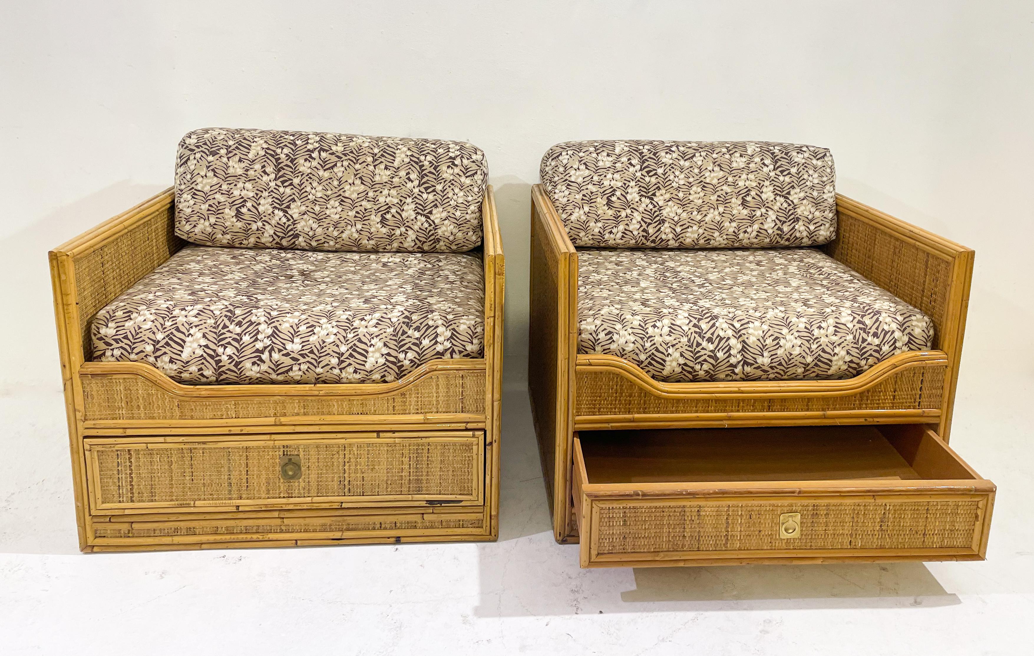 Mid-Century Modern Pair of Bamboo and Rattan Armchairs with Drawers - Italy 1960 In Good Condition For Sale In Brussels, BE