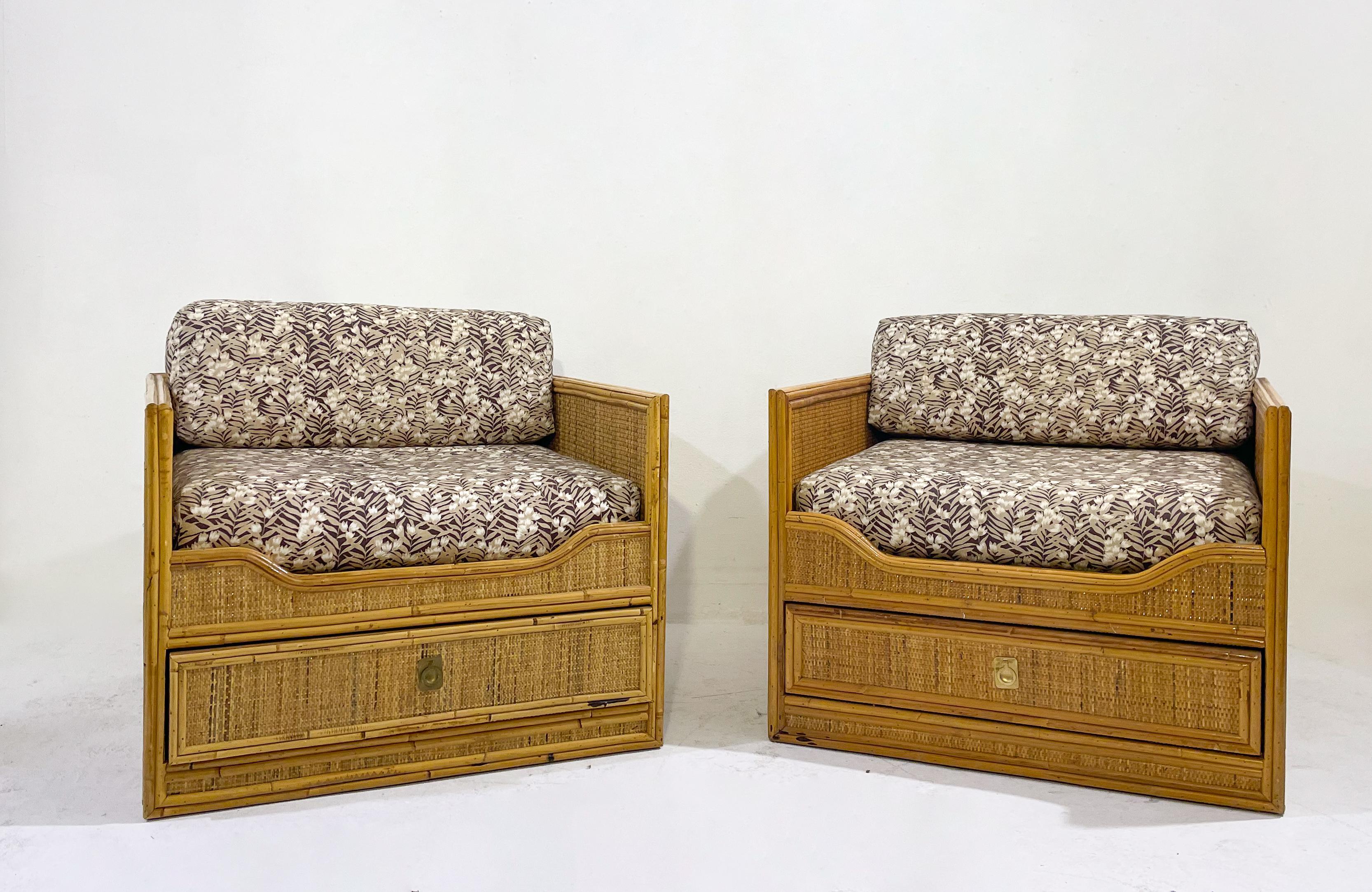 Fabric Mid-Century Modern Pair of Bamboo and Rattan Armchairs with Drawers - Italy 1960 For Sale