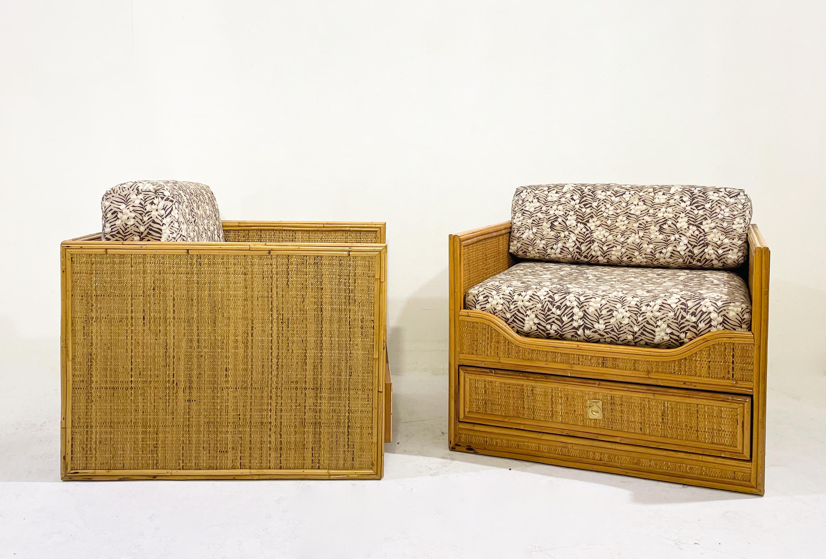 Mid-Century Modern Pair of Bamboo and Rattan Armchairs with Drawers - Italy 1960 For Sale 2