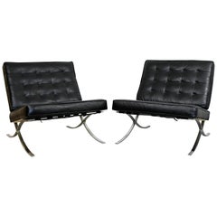 Mid-Century Modern Pair of Barcelona Style Leather Chrome Lounge Chairs