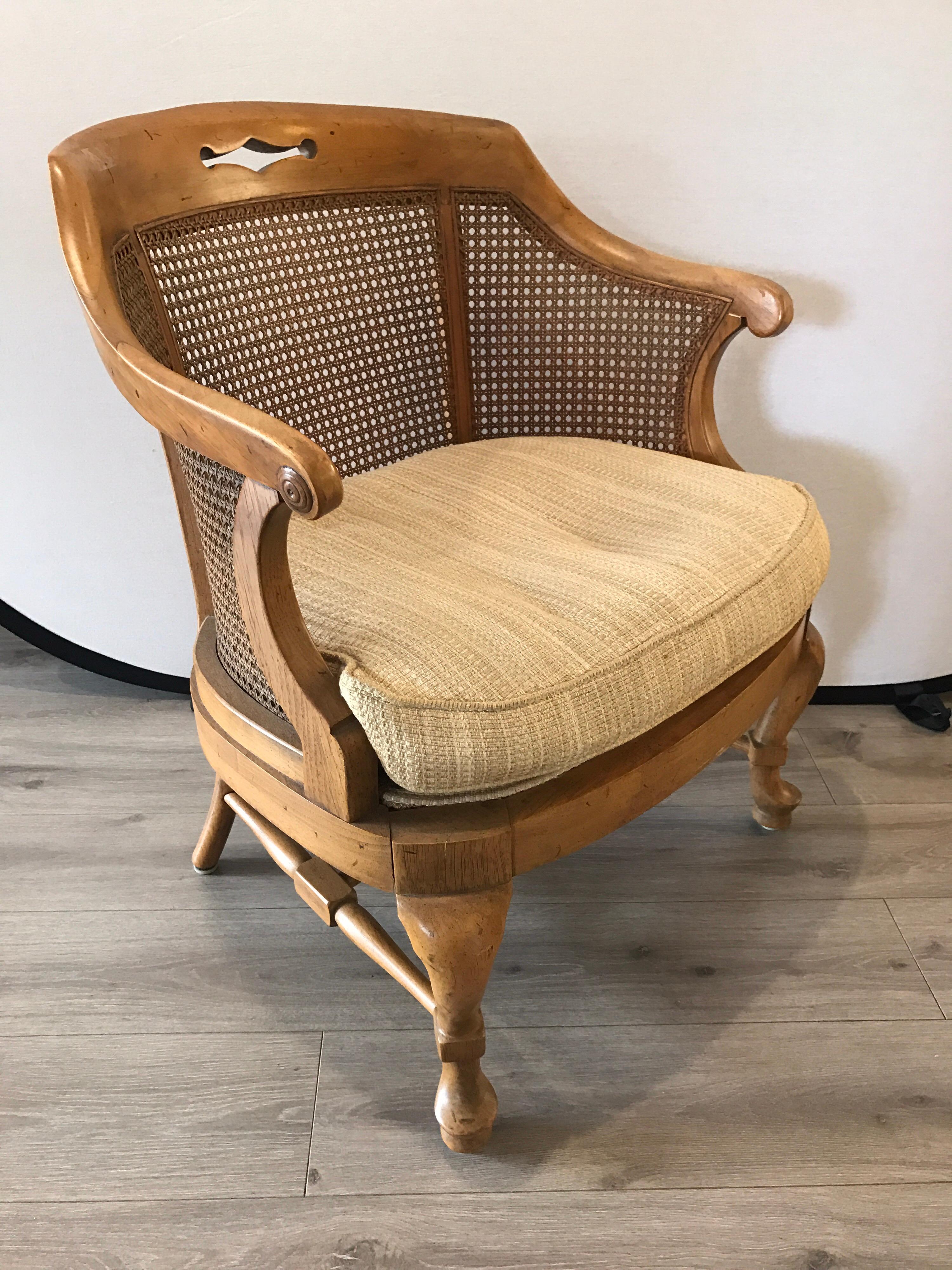 French Mid-Century Modern Pair of Barrel Back Caned Armchairs