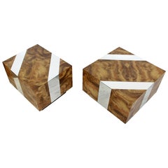 Mid Century Modern Pair of Baughman Burl Wood Mirror Coffee Side End Tables