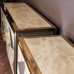 Mid-Century Modern Pair of Beige & Grey Artistic Murano Glass & Brass Sideboards