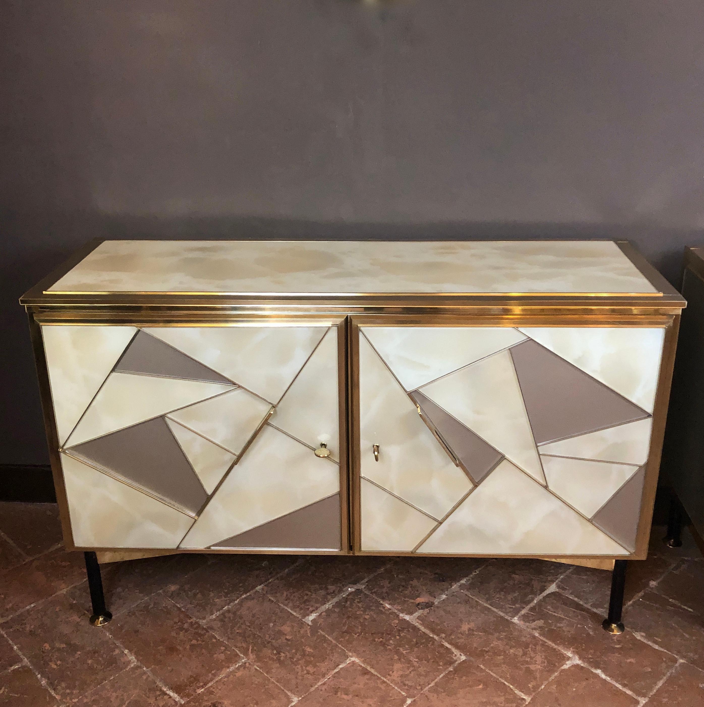 Mid-Century Modern Pair of Beige & Grey Artistic Murano Glass & Brass Sideboards 2