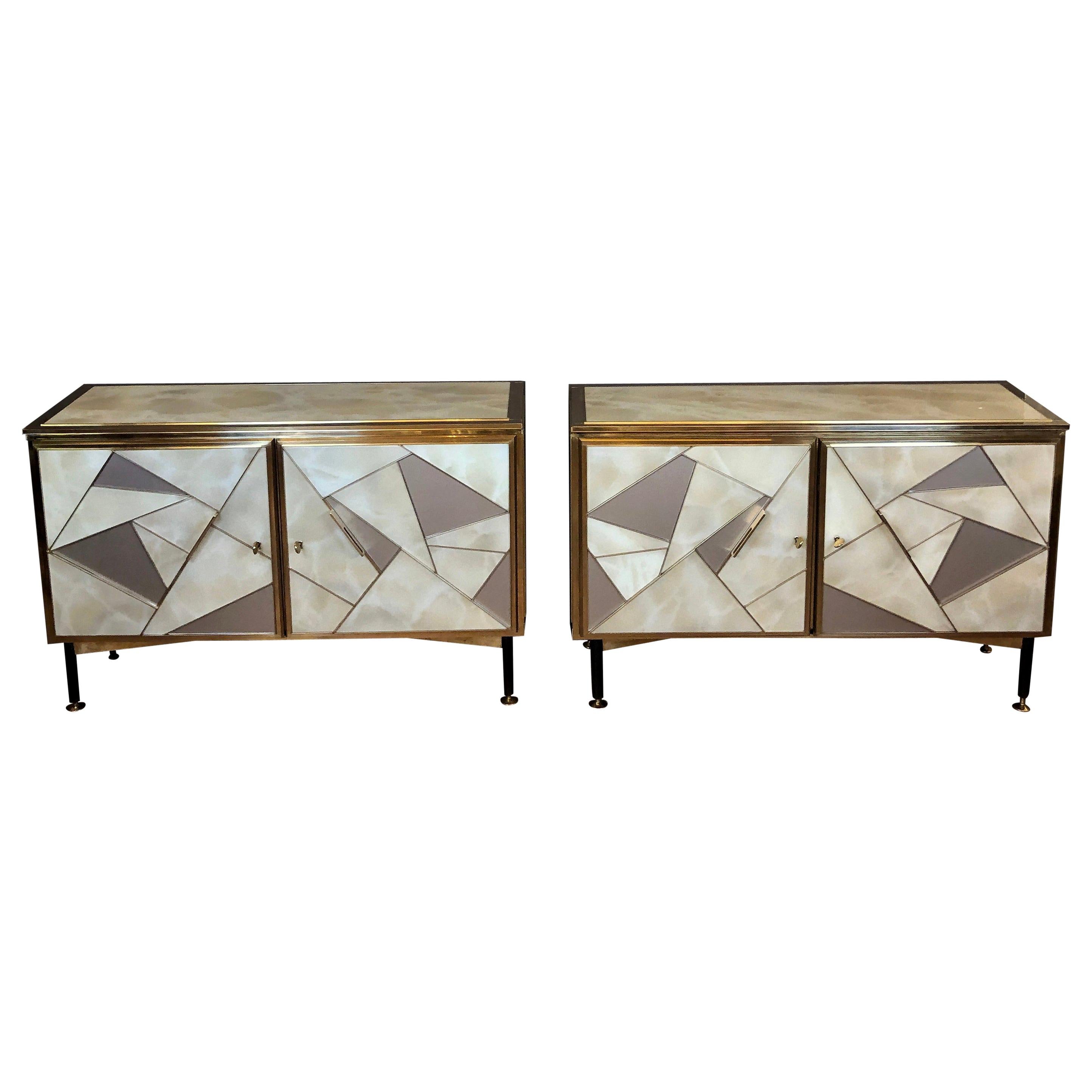 Mid-Century Modern Pair of Beige & Grey Artistic Murano Glass & Brass Sideboards