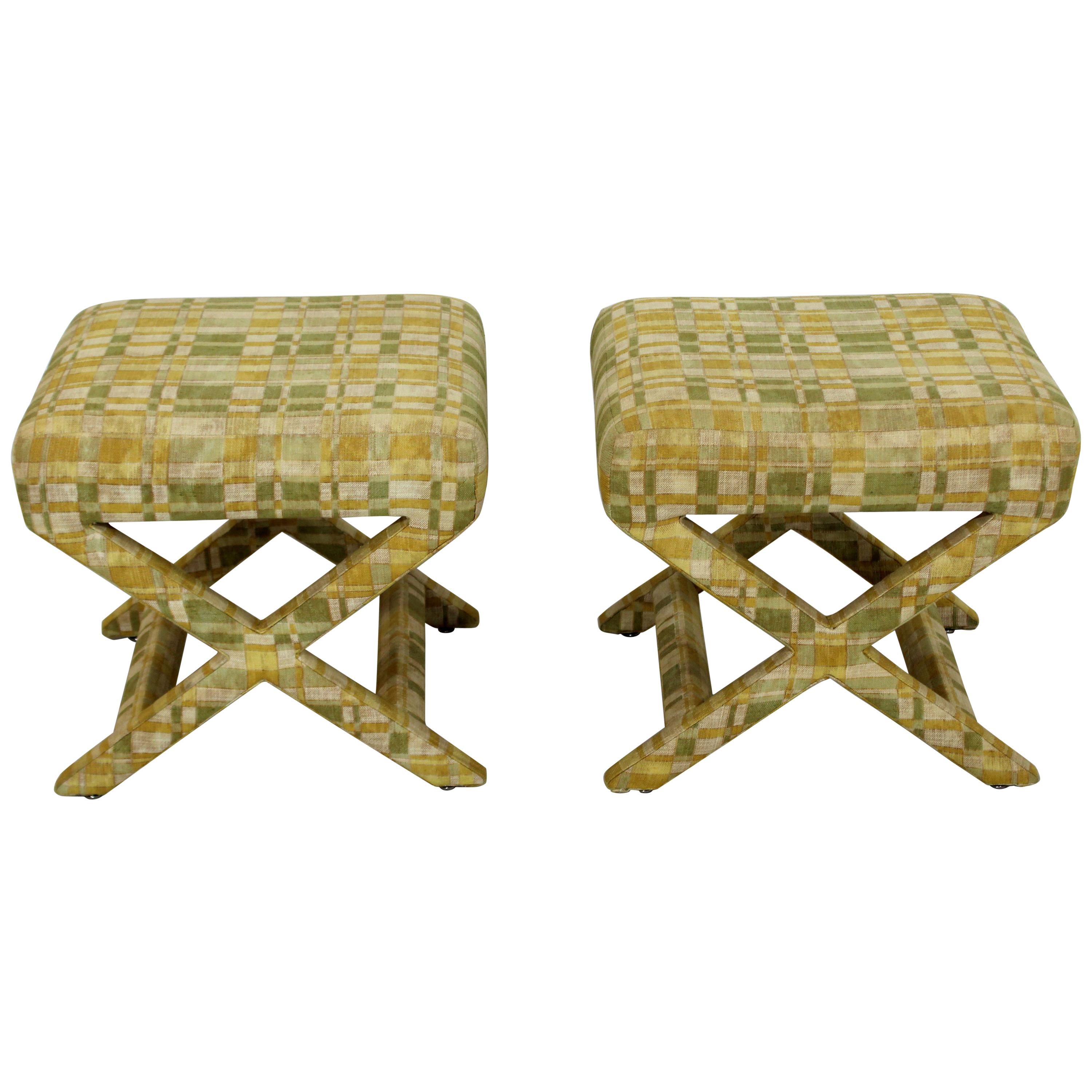 Mid-Century Modern Pair of Billy Baldwin X-Base Benches Stools Ottomans, 1960s