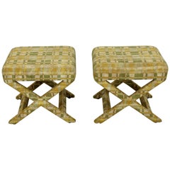 Mid-Century Modern Pair of Billy Baldwin X-Base Benches Stools Ottomans, 1960s