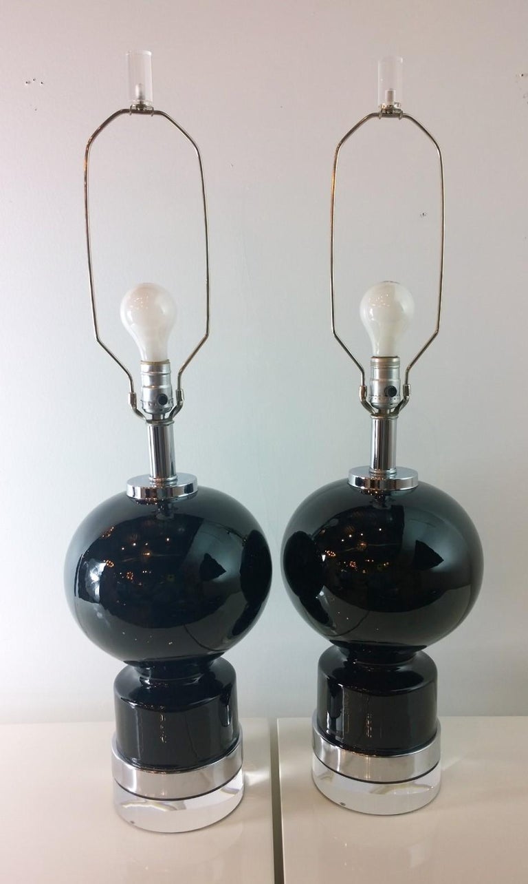Mid Century Modern Pair of Black Ceramic Table Lamps w/ Chrome and