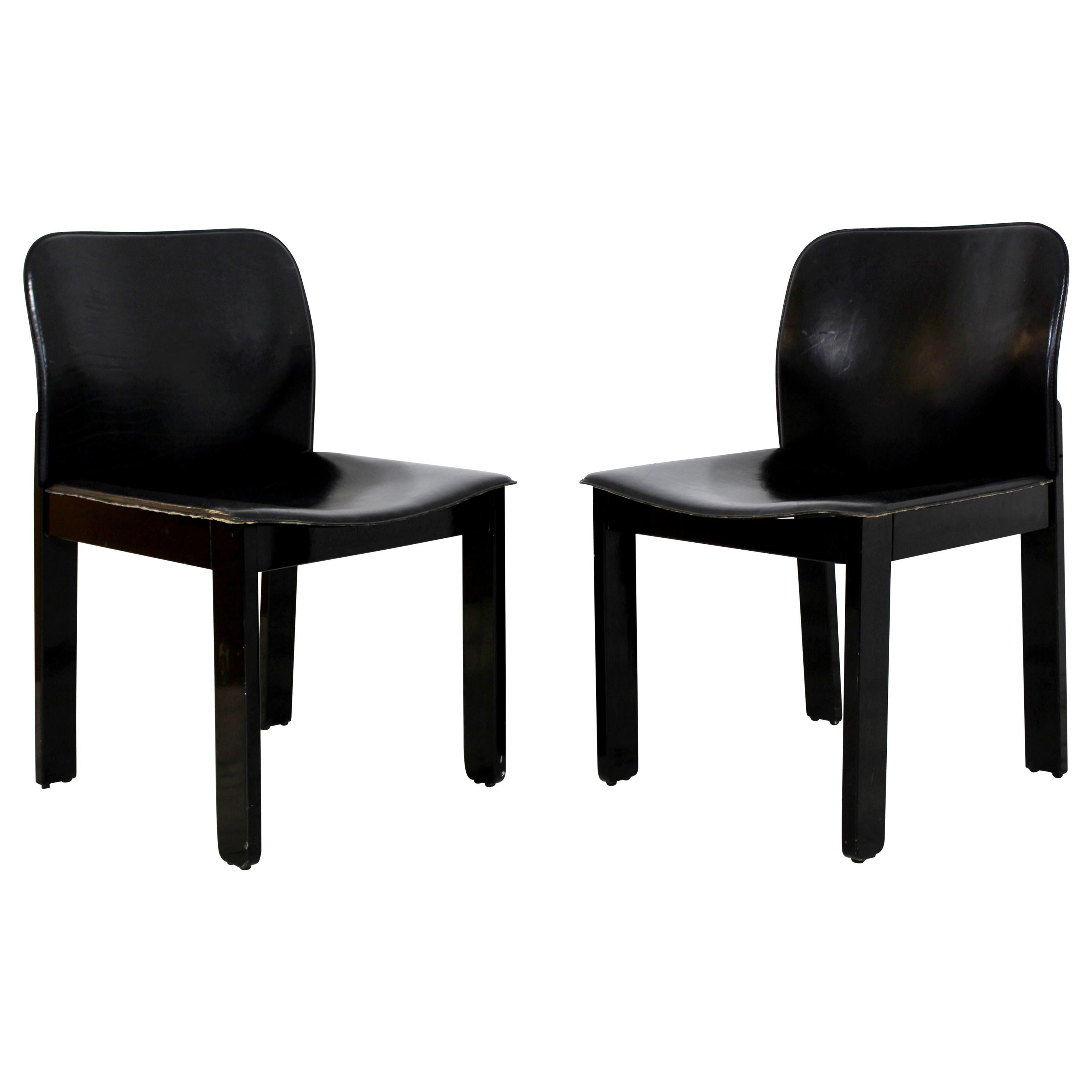 Mid-Century Modern Pair of Black Leather & Wood B&B Italia Side Chairs, 1970s