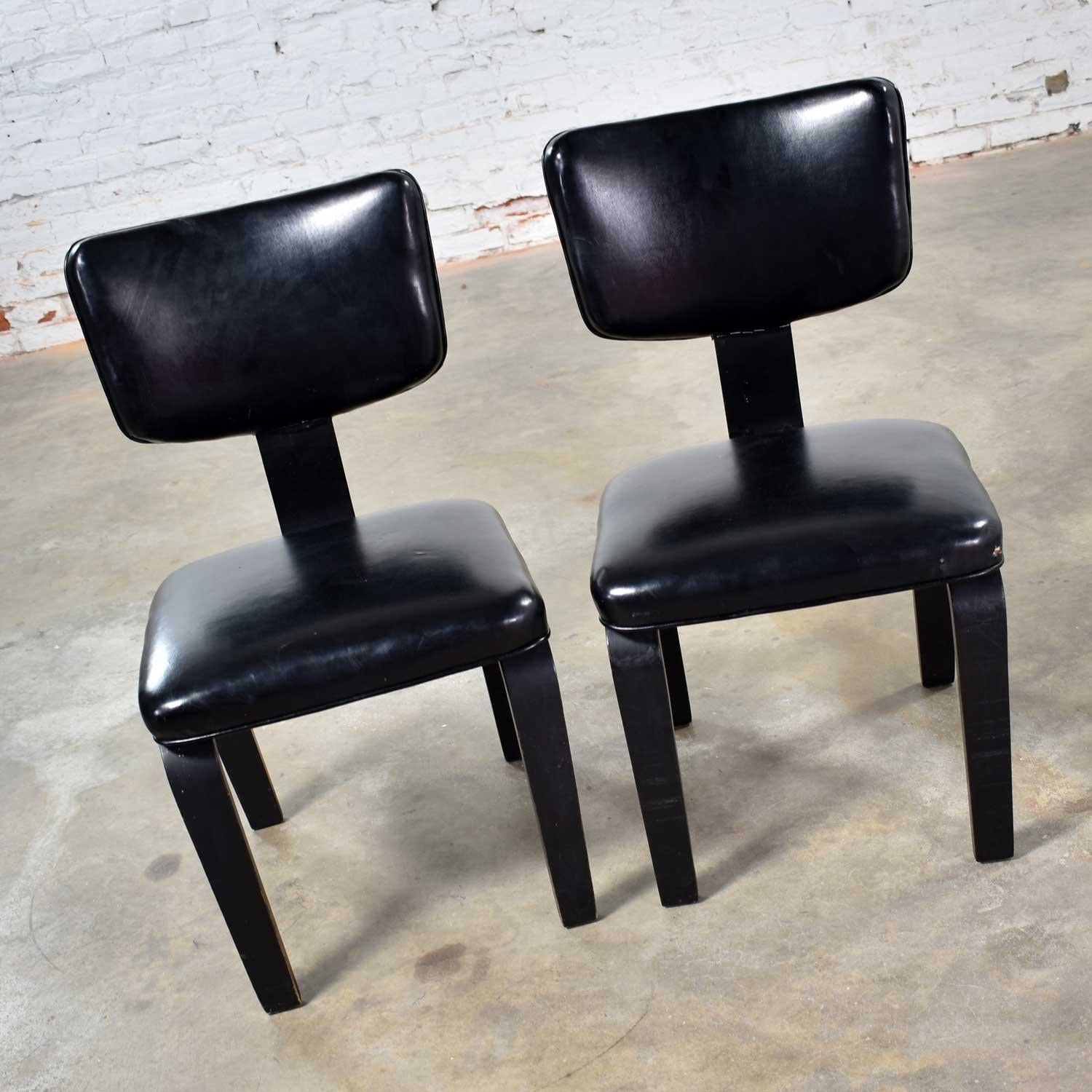 Painted Mid-Century Modern Pair of Black Thonet Bentwood and Vinyl Chairs For Sale