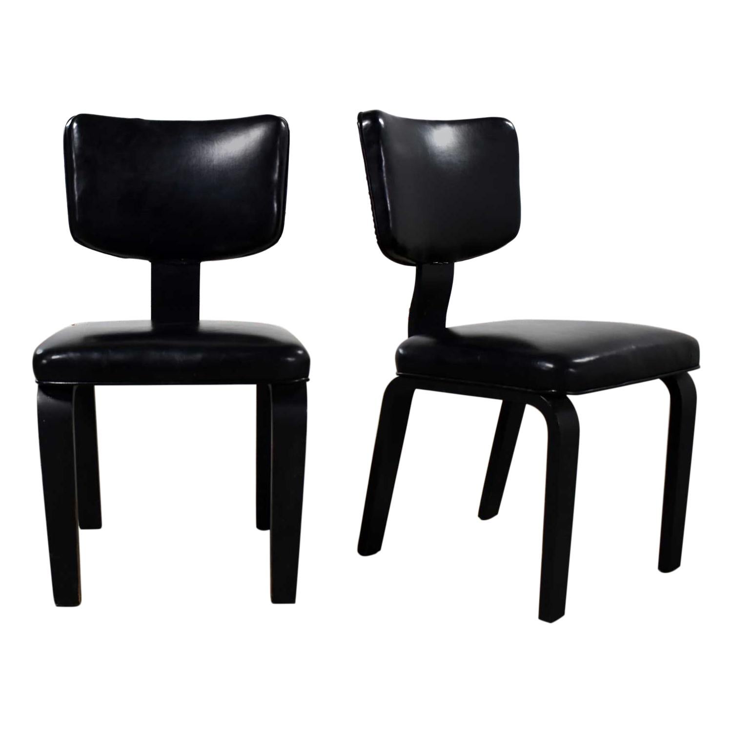 Mid-Century Modern Pair of Black Thonet Bentwood and Vinyl Chairs For Sale