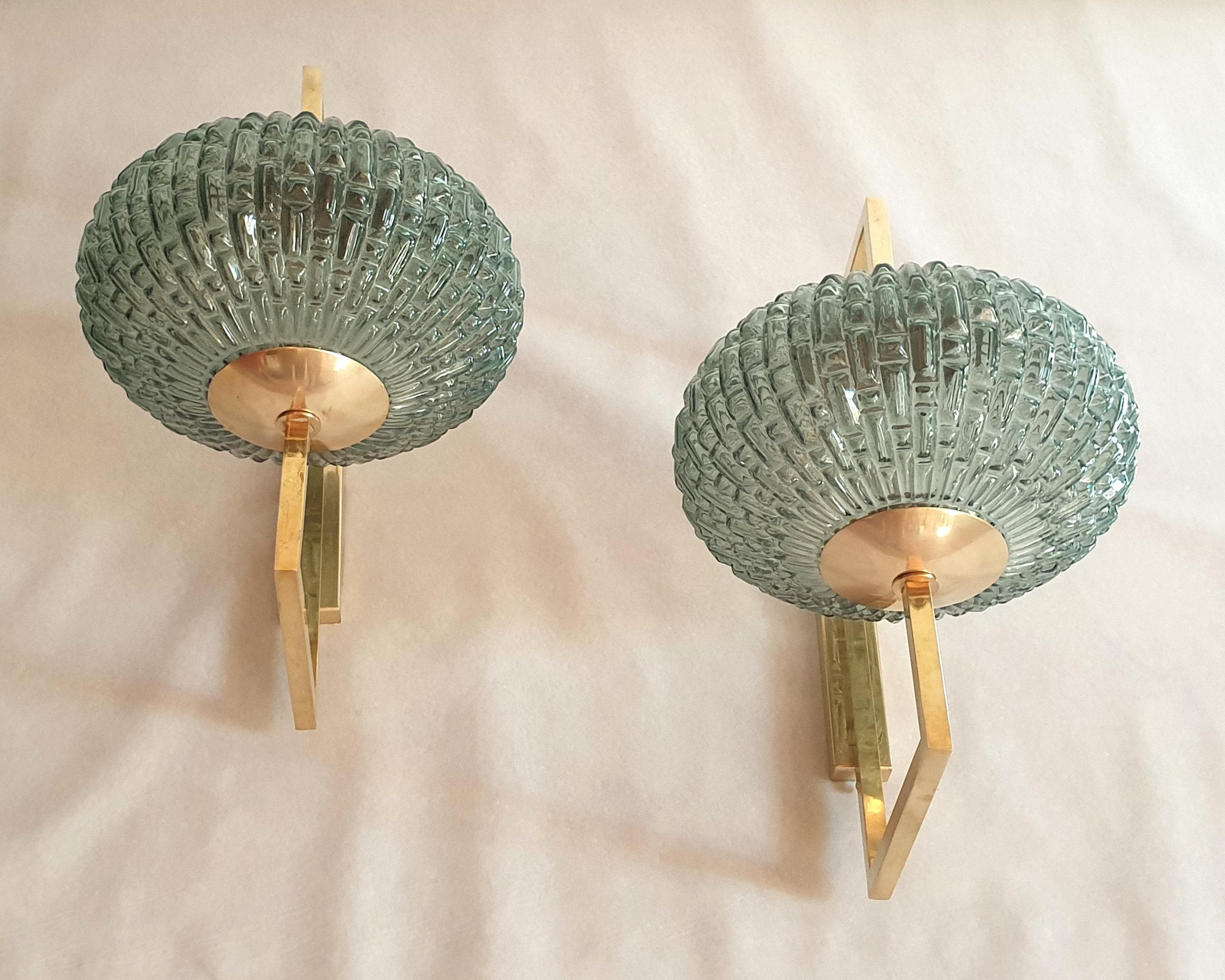 Mid-Century Modern Pair of Blue/Green Murano Glass & Brass Sconces In Excellent Condition In Dallas, TX