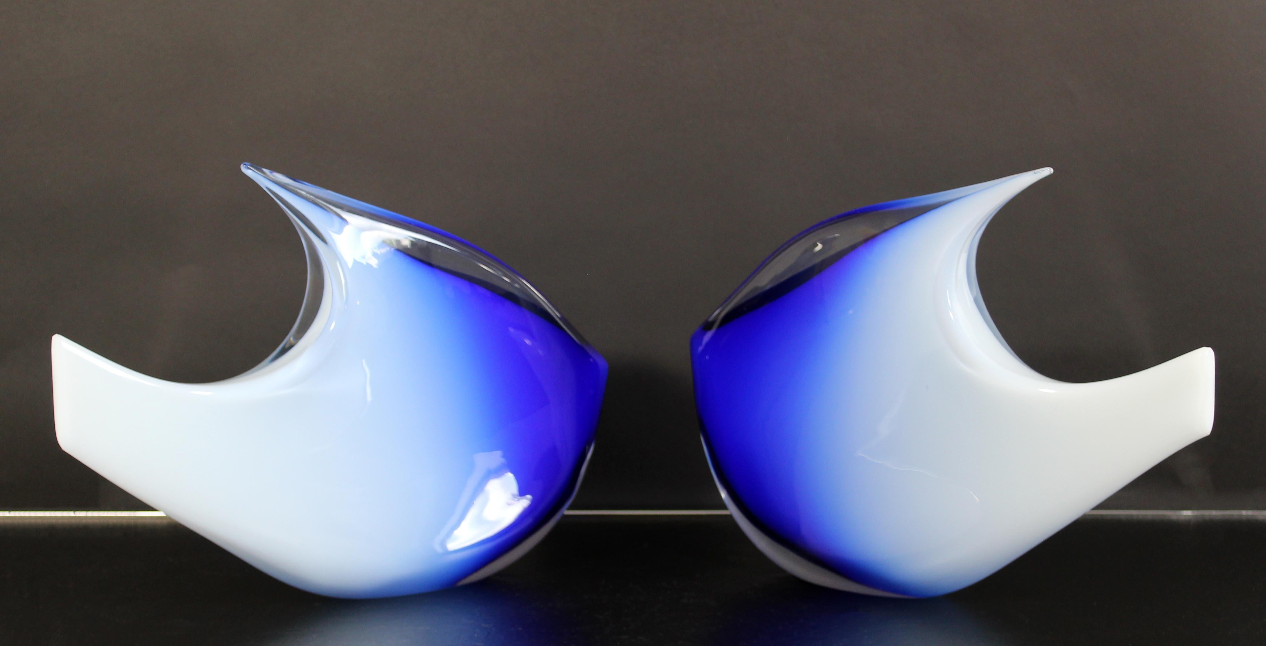 Italian Mid-Century Modern Pair Blue Murano Glass Fish Sculptures Signed Roberto Anatra