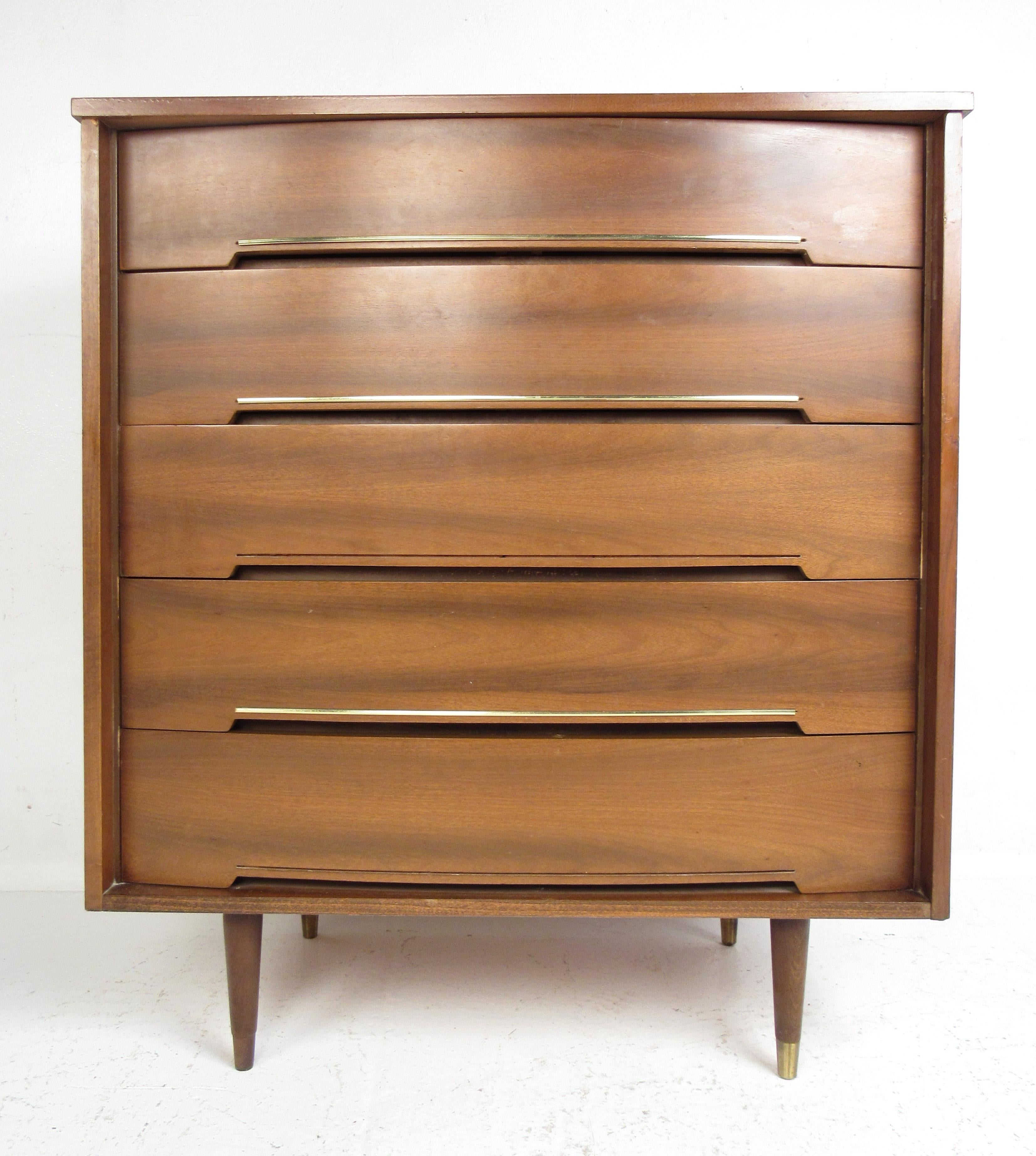 Walnut Mid-Century Modern Pair of Bow Front Dressers