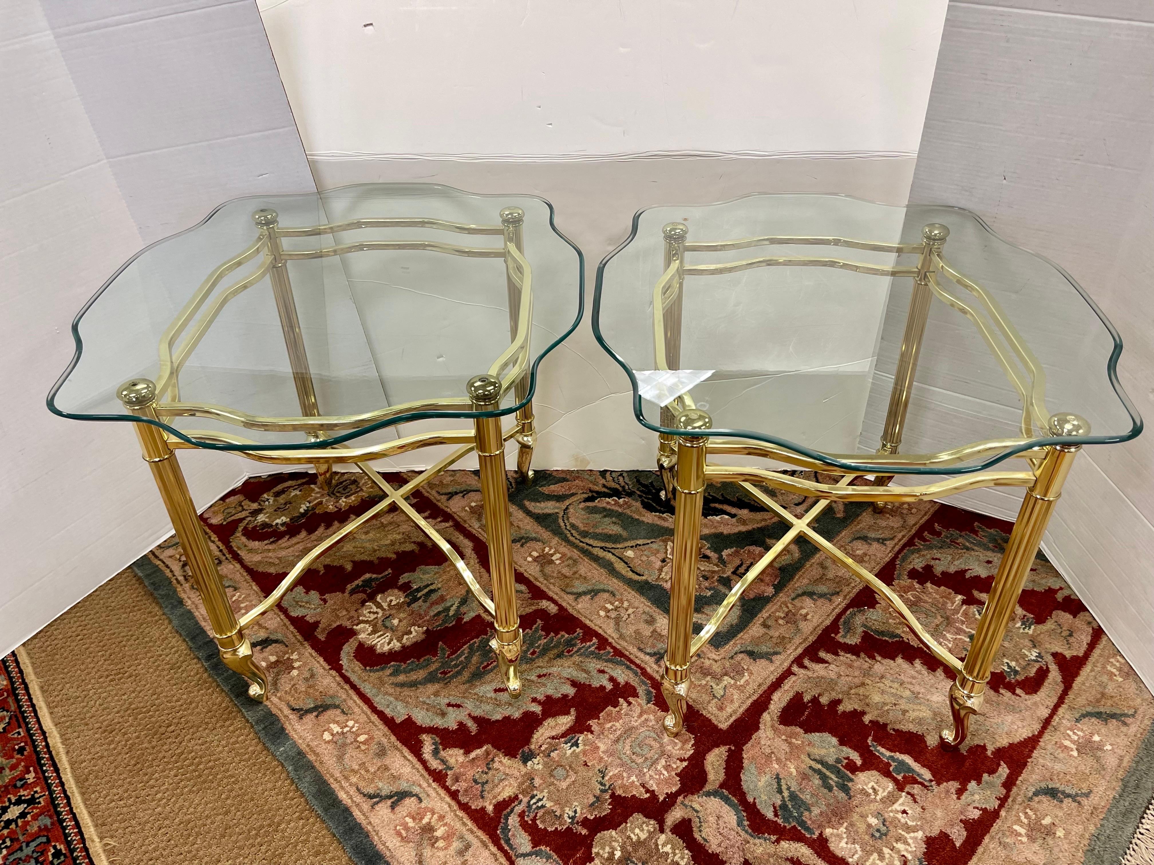 Italian Mid-Century Modern Pair of Brass and Glass Maison Jansen Style Side End Tables For Sale