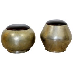 Mid-Century Modern Pair of Brass and Leather Poufs Stools, 1960s