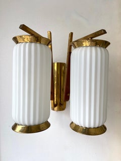 Mid-Century Modern Pair of Brass and Opaline Glass Barrel Sconces, Italy, 1950s