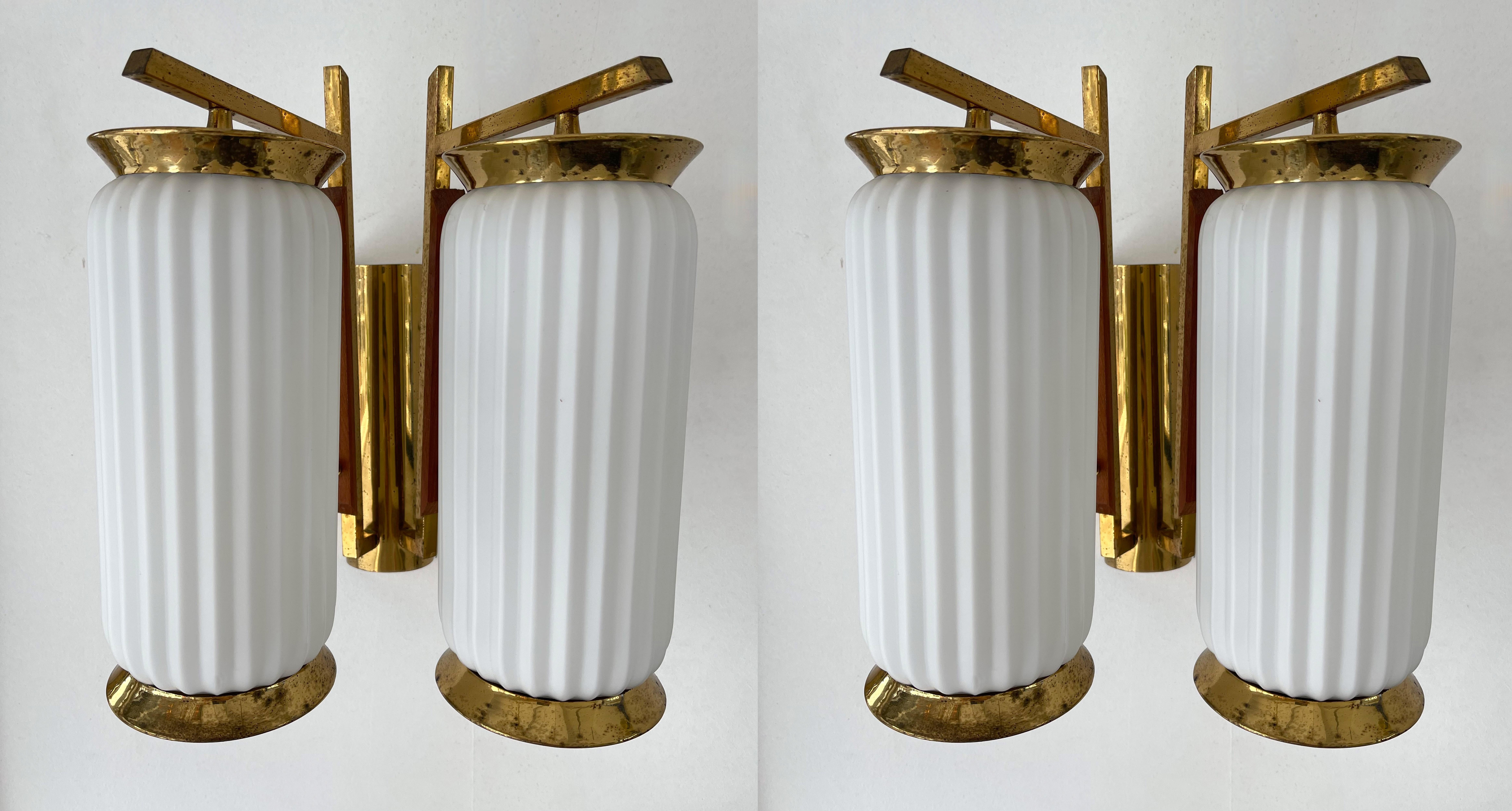Mid-20th Century Mid-Century Modern Pair of Brass and Opaline Glass Barrel Sconces, Italy, 1950s For Sale