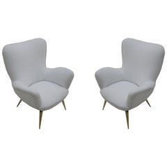 Vintage Mid-Century Modern Pair of Brass and White Cotton Fabric Italian Armchairs 1950s
