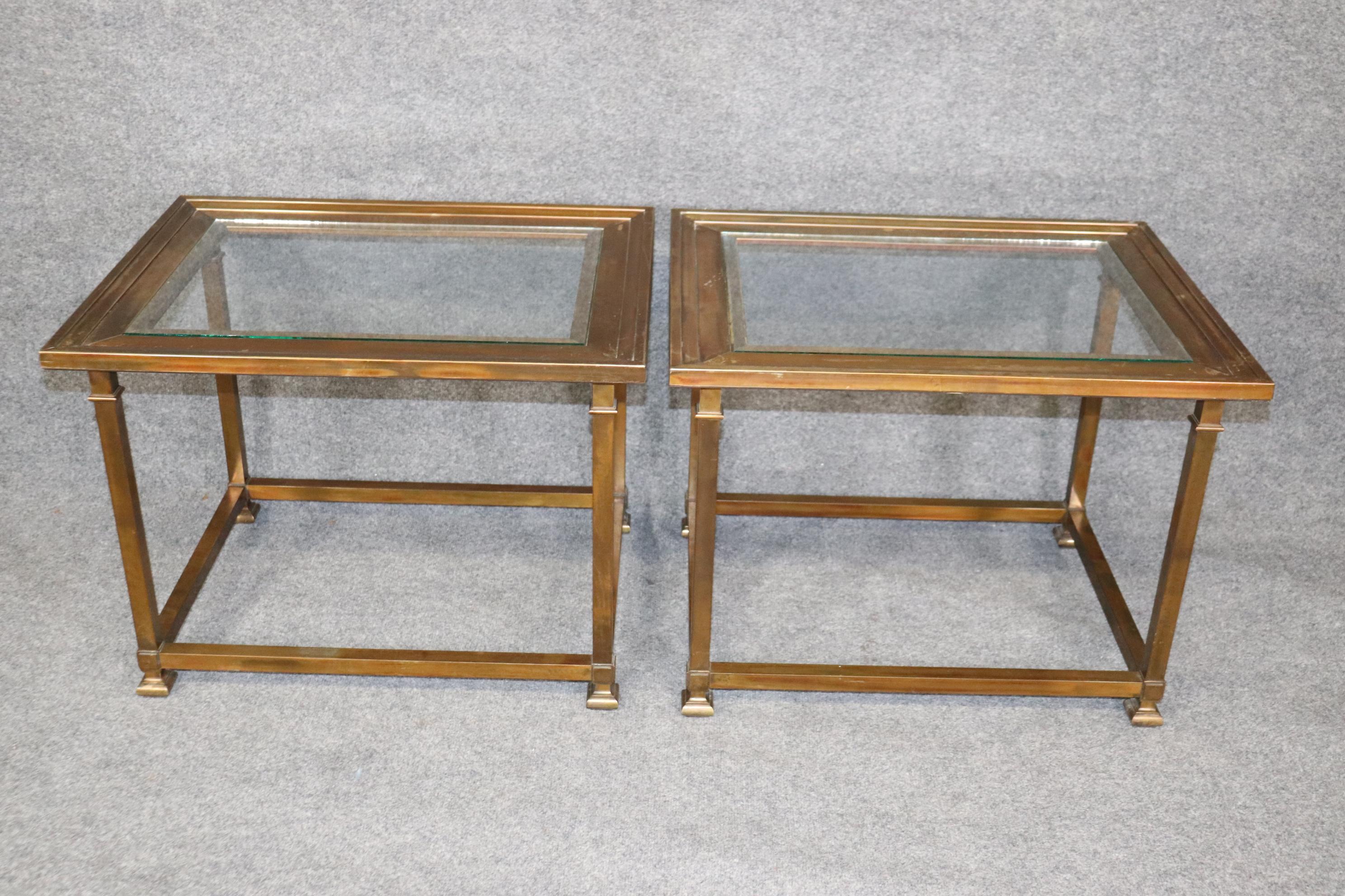 Brushed Mid-Century Modern Pair of Brass Mastercraft Glass Top End Tables