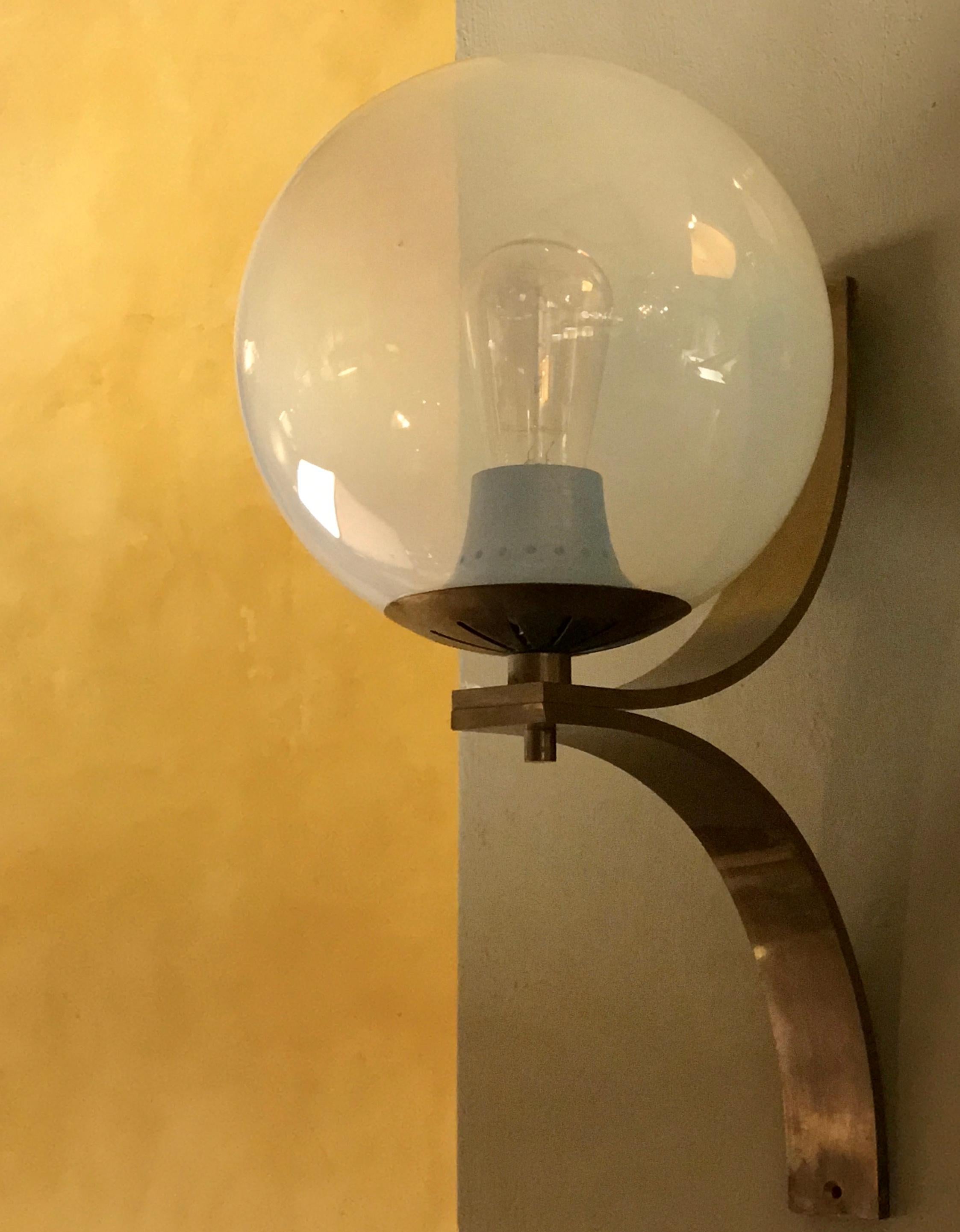 Italian Mid-Century Modern Pair of Brass Sconces with Opalescent Blown Glass Globes