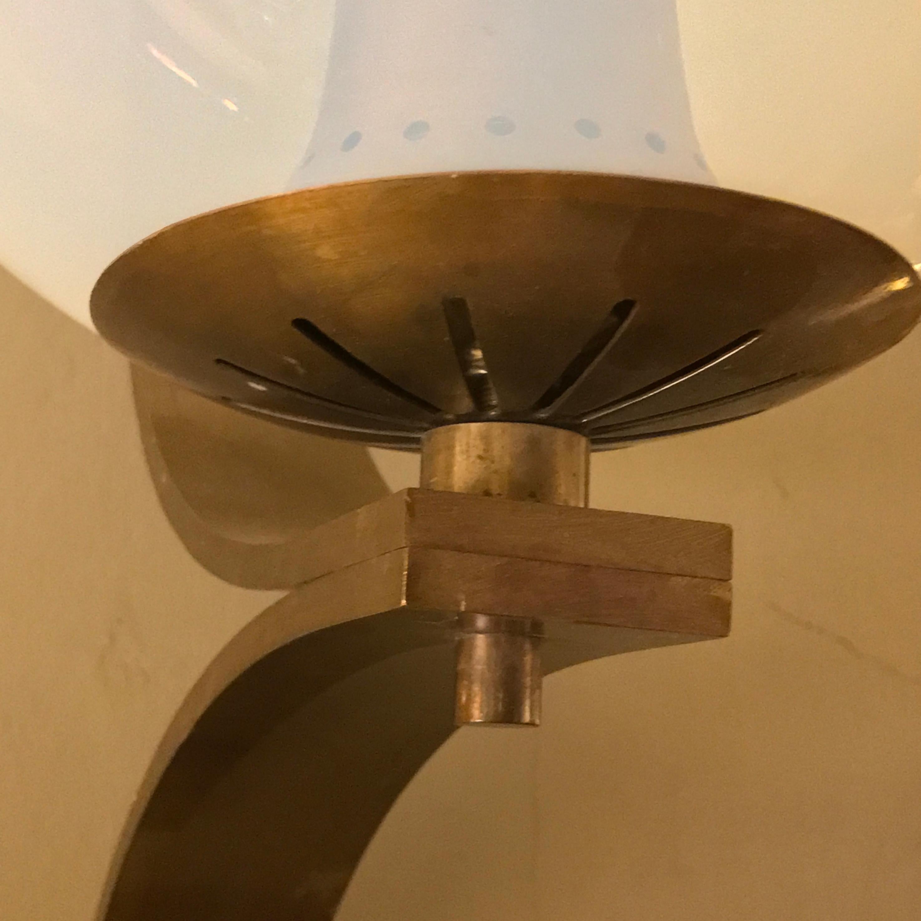 Mid-20th Century Mid-Century Modern Pair of Brass Sconces with Opalescent Blown Glass Globes