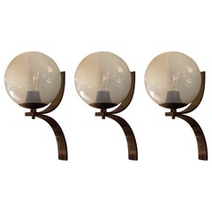 Mid-Century Modern Pair of Brass Sconces with Opalescent Blown Glass Globes