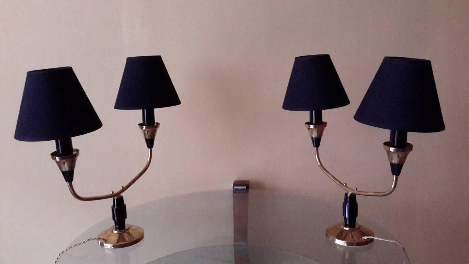 Bakelite Mid-Century Modern Pair of Brass Table Lamps, France, 1950