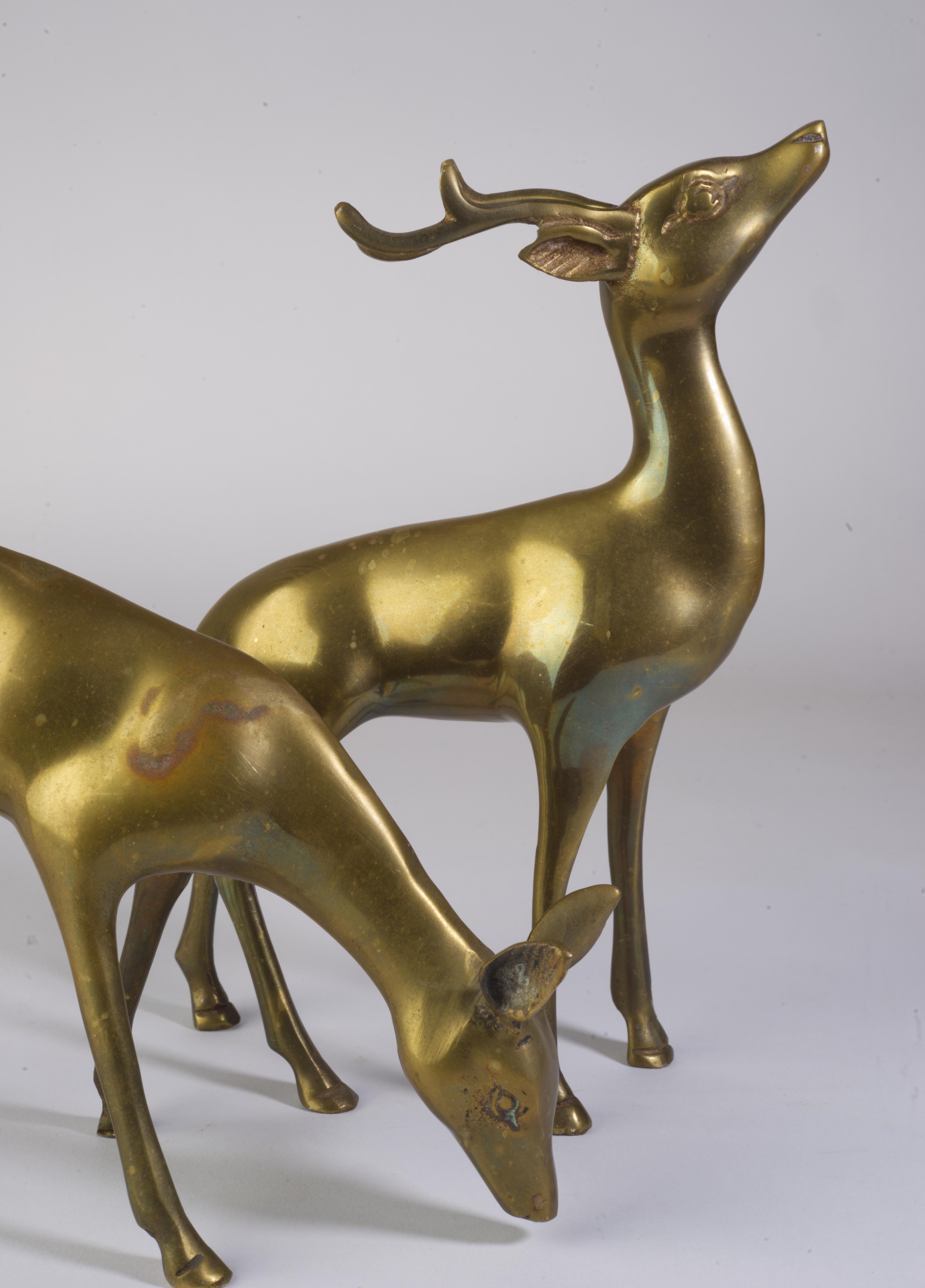 Brass Mid-Century Modern Pair of Bronze Deer Figurines For Sale