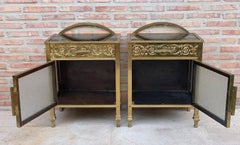 Mid-Century Modern Pair of Bronze Vitrine Nightstand with Glass Door and Drawer