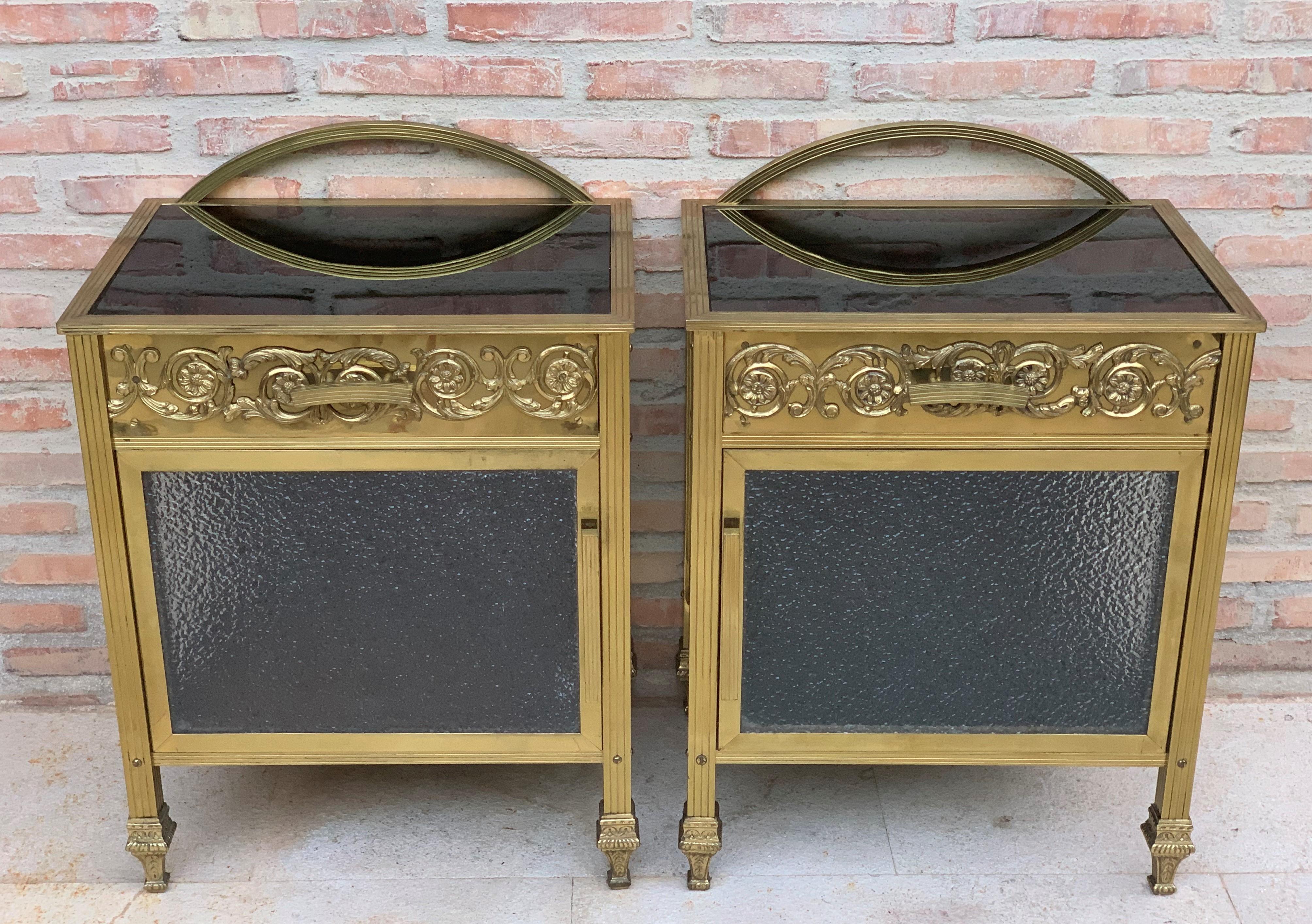 French Mid-Century Modern Pair of Bronze Vitrine Nightstand with Glass Door and Drawer