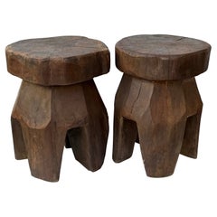 Mid-Century Modern Pair of Brutalist Massive Wood Mushroom Stools. Italy, 1960s