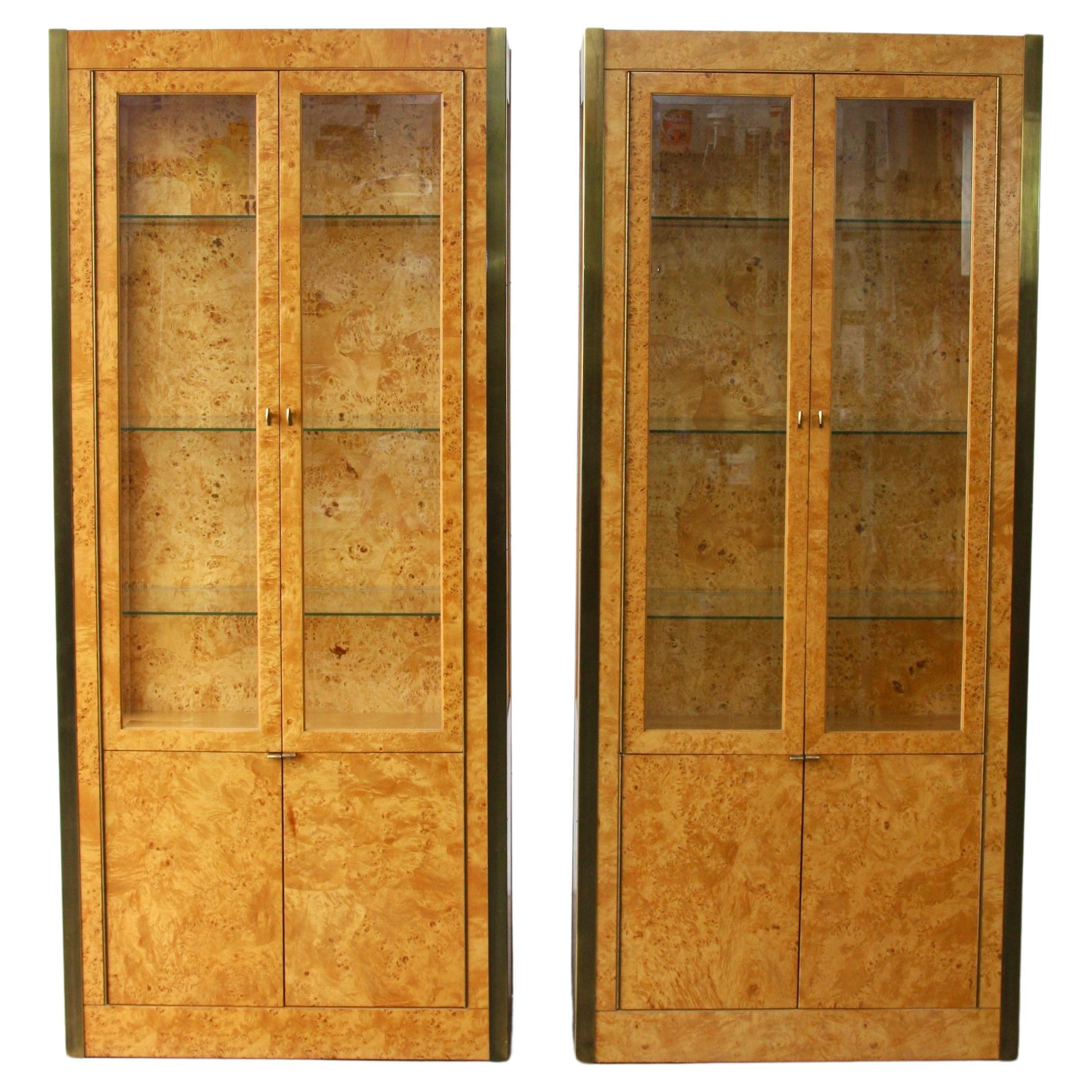 Mid Century Modern Pair of Burl Wood & Brass Vitrine cabinets By Tomlinson For Sale