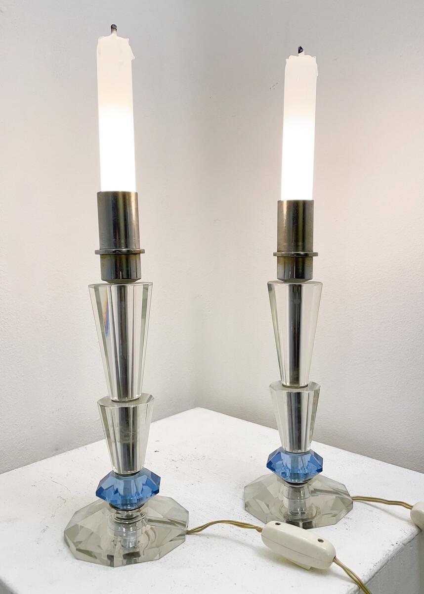 Mid-Century Modern Pair Of Candlestick Table Lamp, Crystal, 1930s For Sale 1