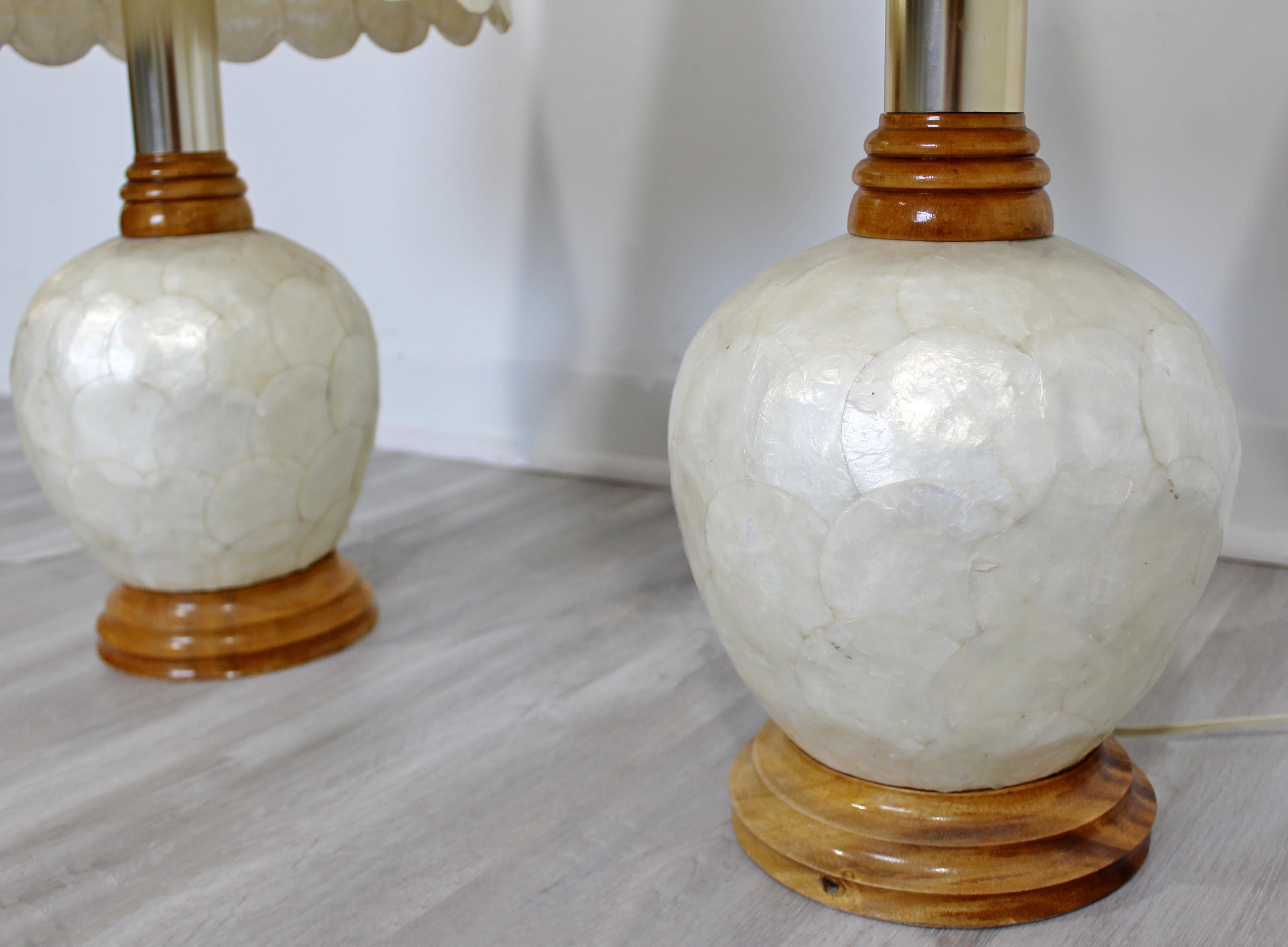 Mid-Century Modern Pair of Capiz Shell Brass Wood Table Lamps 1970s Springer Era In Good Condition In Keego Harbor, MI