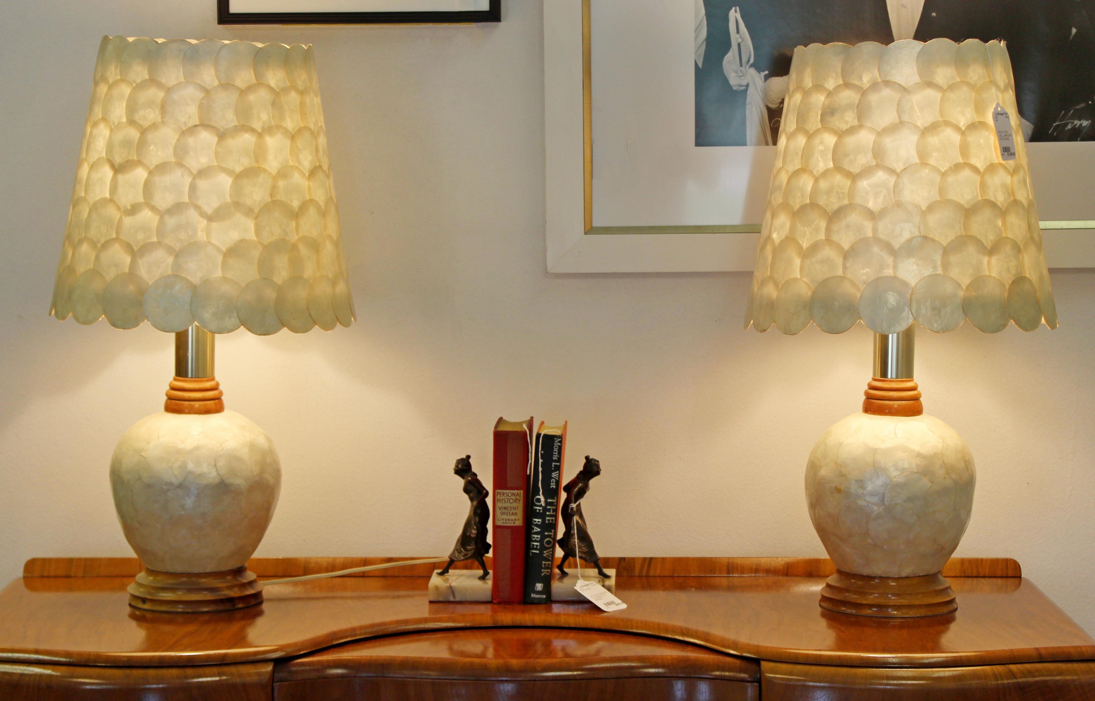 Mid-Century Modern Pair of Capiz Shell Brass Wood Table Lamps 1970s Springer Era 3