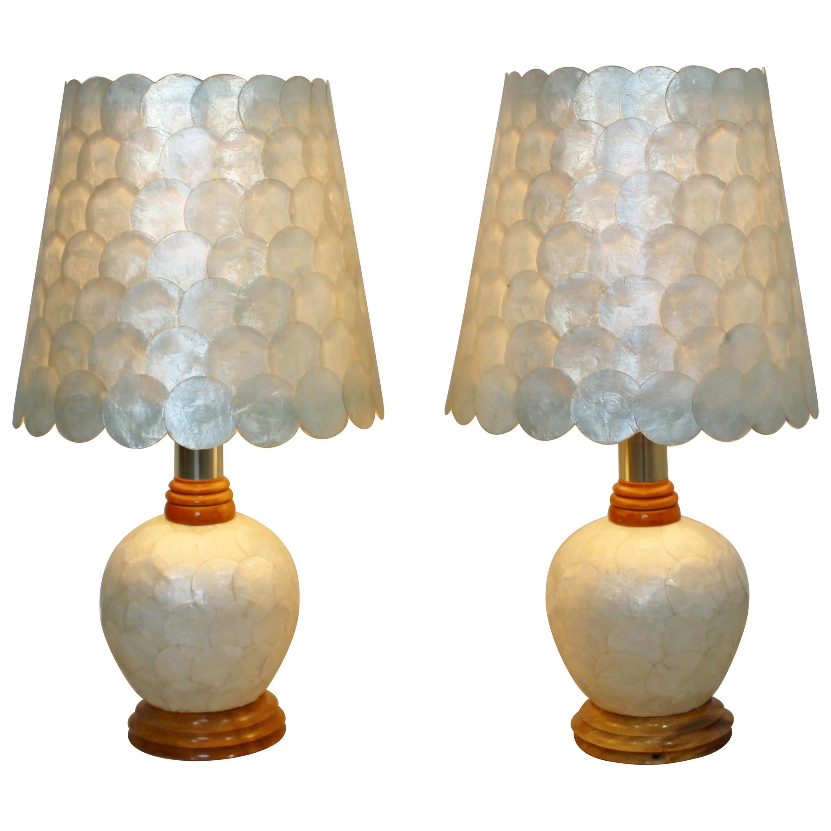 Mid-Century Modern Pair of Capiz Shell Brass Wood Table Lamps 1970s Springer Era