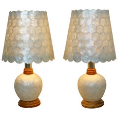 Vintage Mid-Century Modern Pair of Capiz Shell Brass Wood Table Lamps 1970s Springer Era