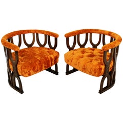 Mid-Century Modern Pair of Carved Wood Barrel Chairs Tufted Velvet Seats, 1950s