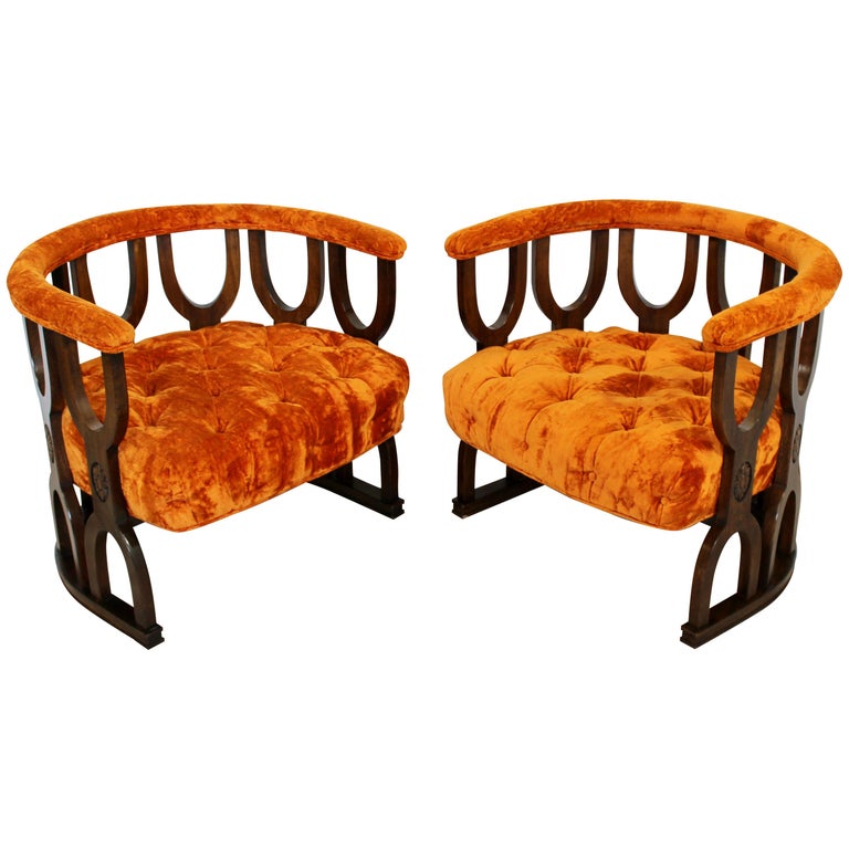 MidCentury Modern Pair of Carved Wood Barrel Chairs Tufted Velvet Seats, 1950s at 1stDibs