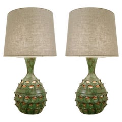 Mid-Century Modern Pair of Ceramic Table Lamps with Illuminated Artichoke Base