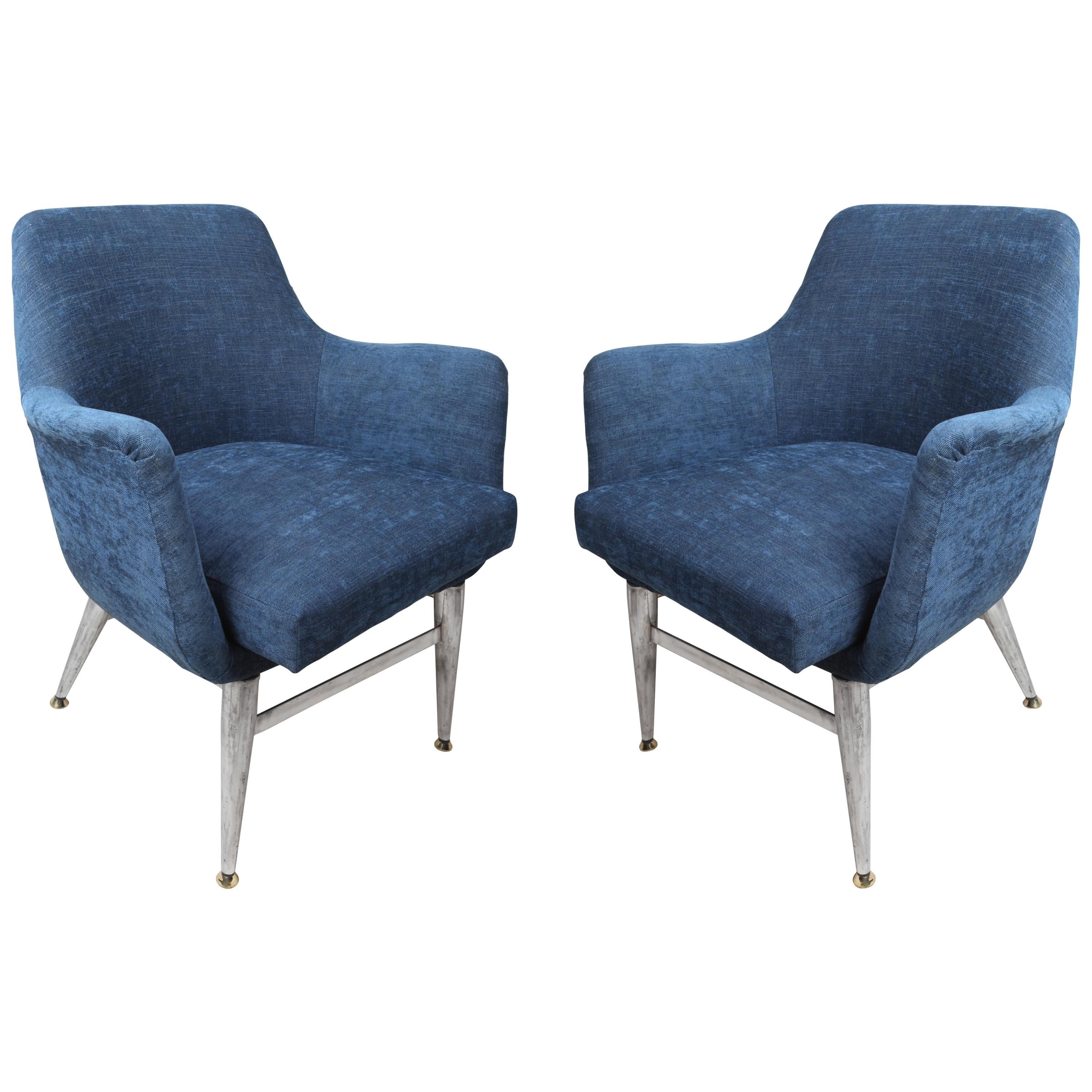Mid-Century Modern Pair of Blue Chairs with Chrome Base and Legs