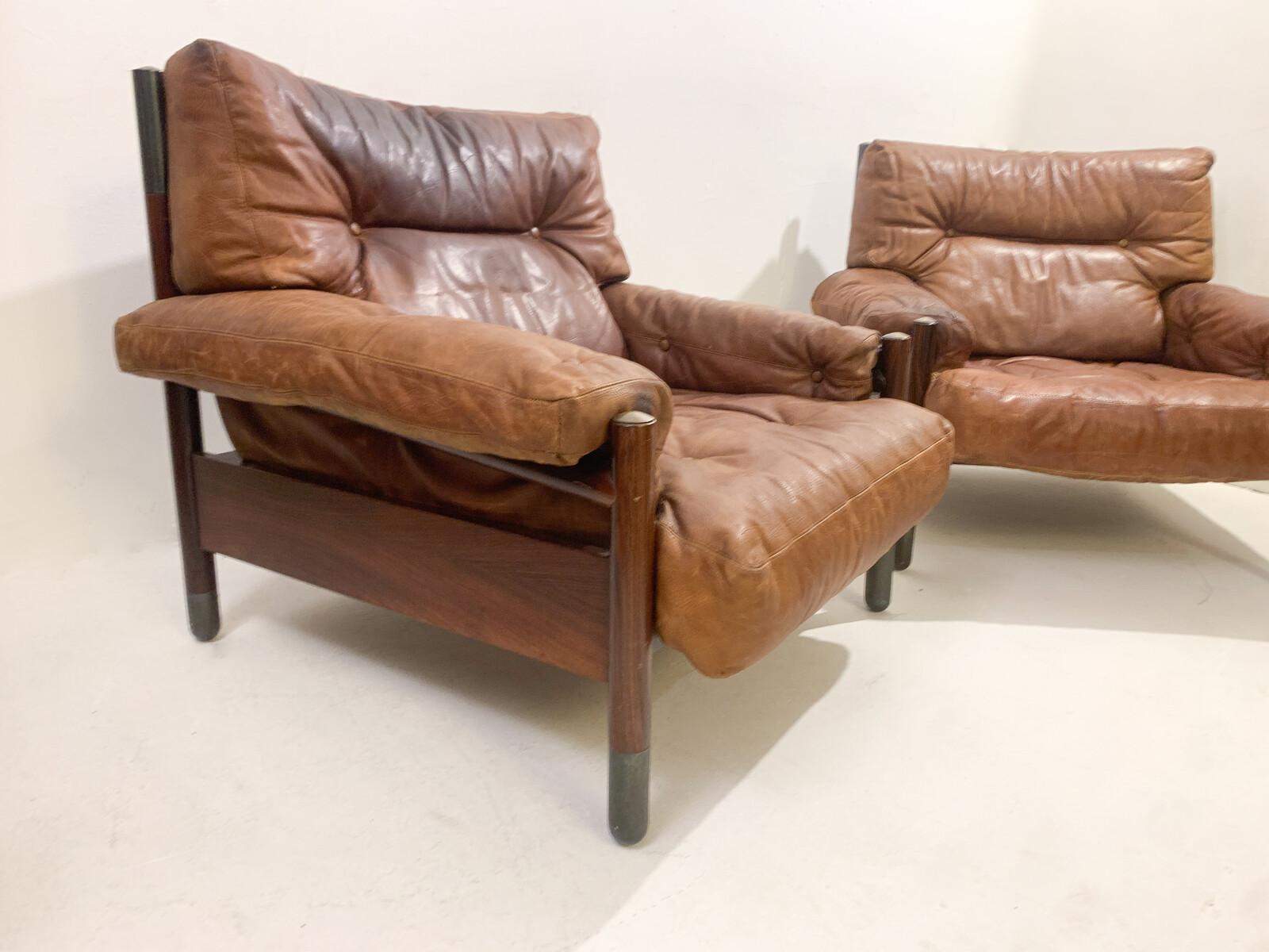 Mid-Century Modern Pair of Cognac Leather Armchairs by Carlo de Carli, Italy 2